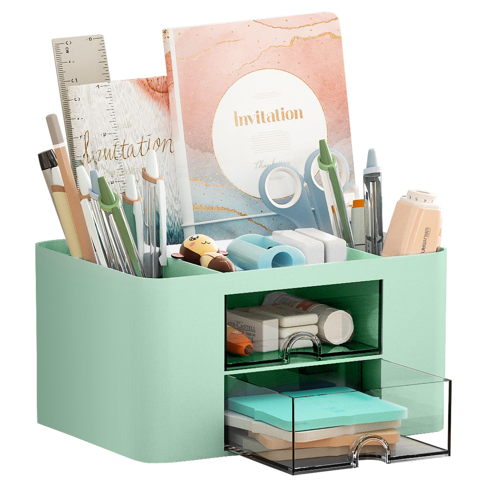 Premium Marbrasse Pen Organizer with 2 Drawers - Multifunctional Desk Pencil Holder & Office Supplies Organizer with 5 Compartments for Pens, Markers, Art Tools (Green) - Perfect for Home Office, School & Craft Room Organization