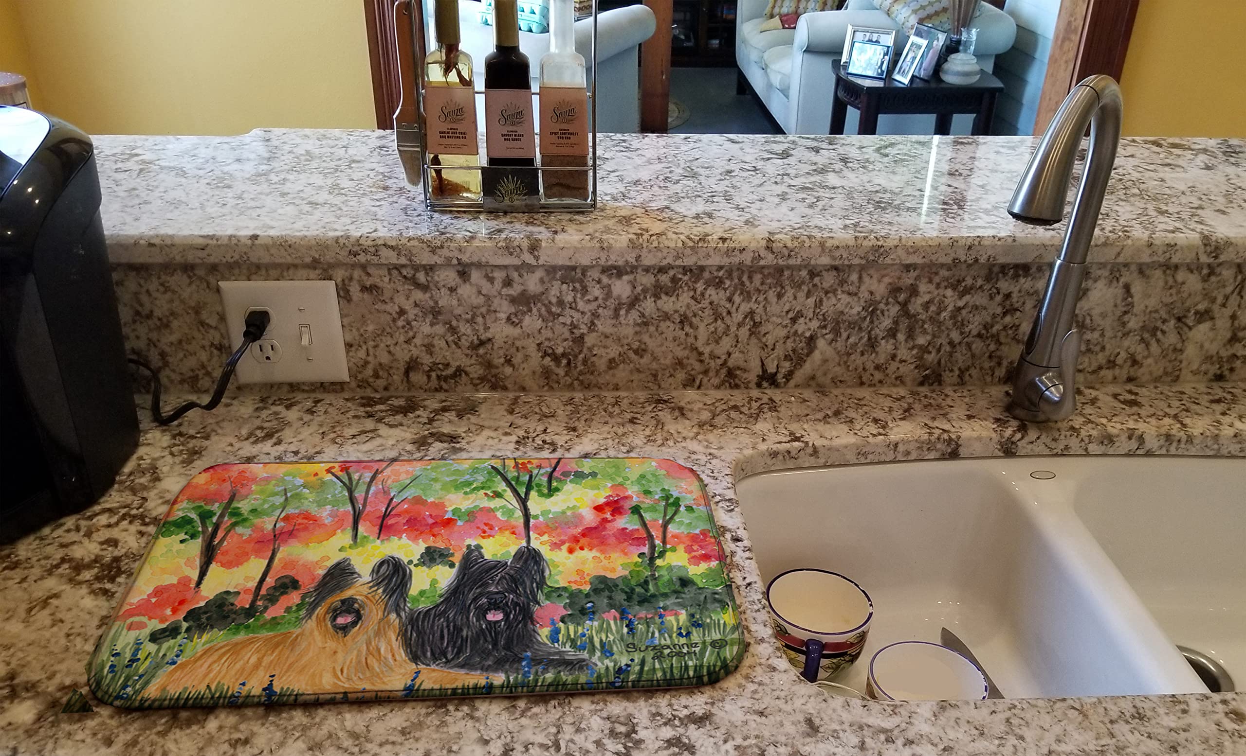 Briard Dog Design Absorbent Dish Drying Mat - 14x21 Inch Non-Slip Kitchen Counter Drying Pad for Dishes, Utensils & Cookware | Perfect for Countertop Protection & Quick Drying After Washing
