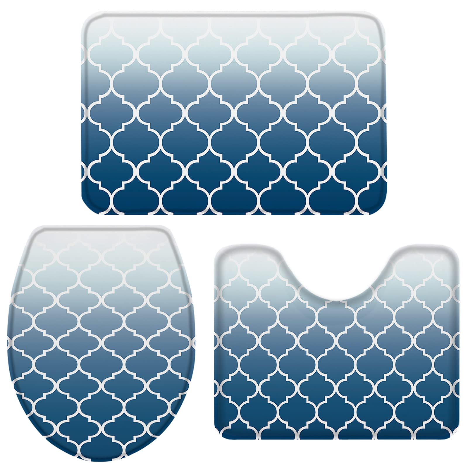 Non-Slip 3-Piece Blue Ombre Moroccan Bath Rug Set - U-Shaped Contour Mat, Toilet Lid Cover & Floor Mat for Bathroom, Shower & Tub | Soft Absorbent Doormat for Small Spaces & Modern Home Decor