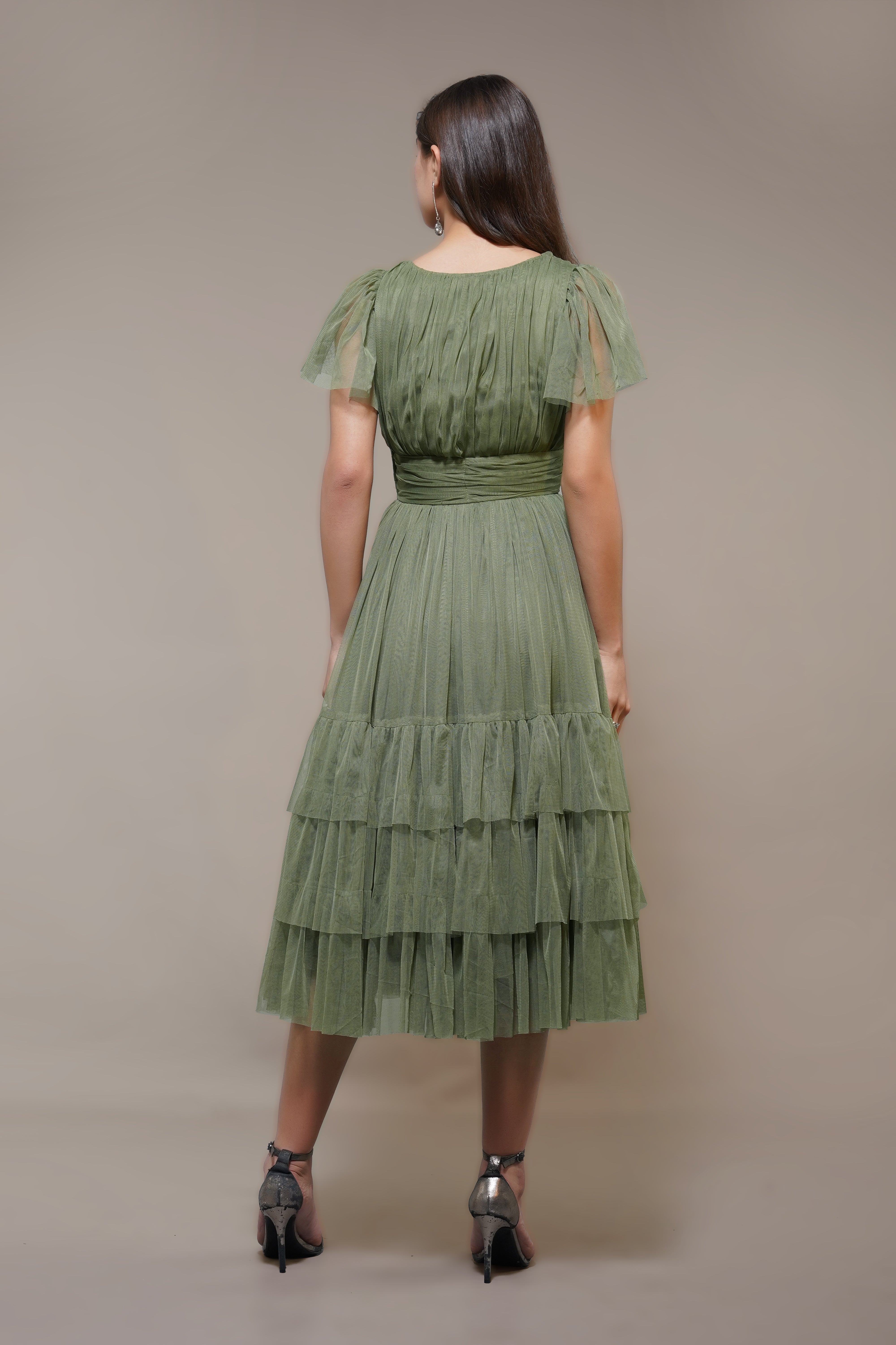 Madison Soft Olive Tulle Bridesmaid Midi Dress - Elegant Wedding Party Gown for Bridesmaids, Formal Occasions & Special Events