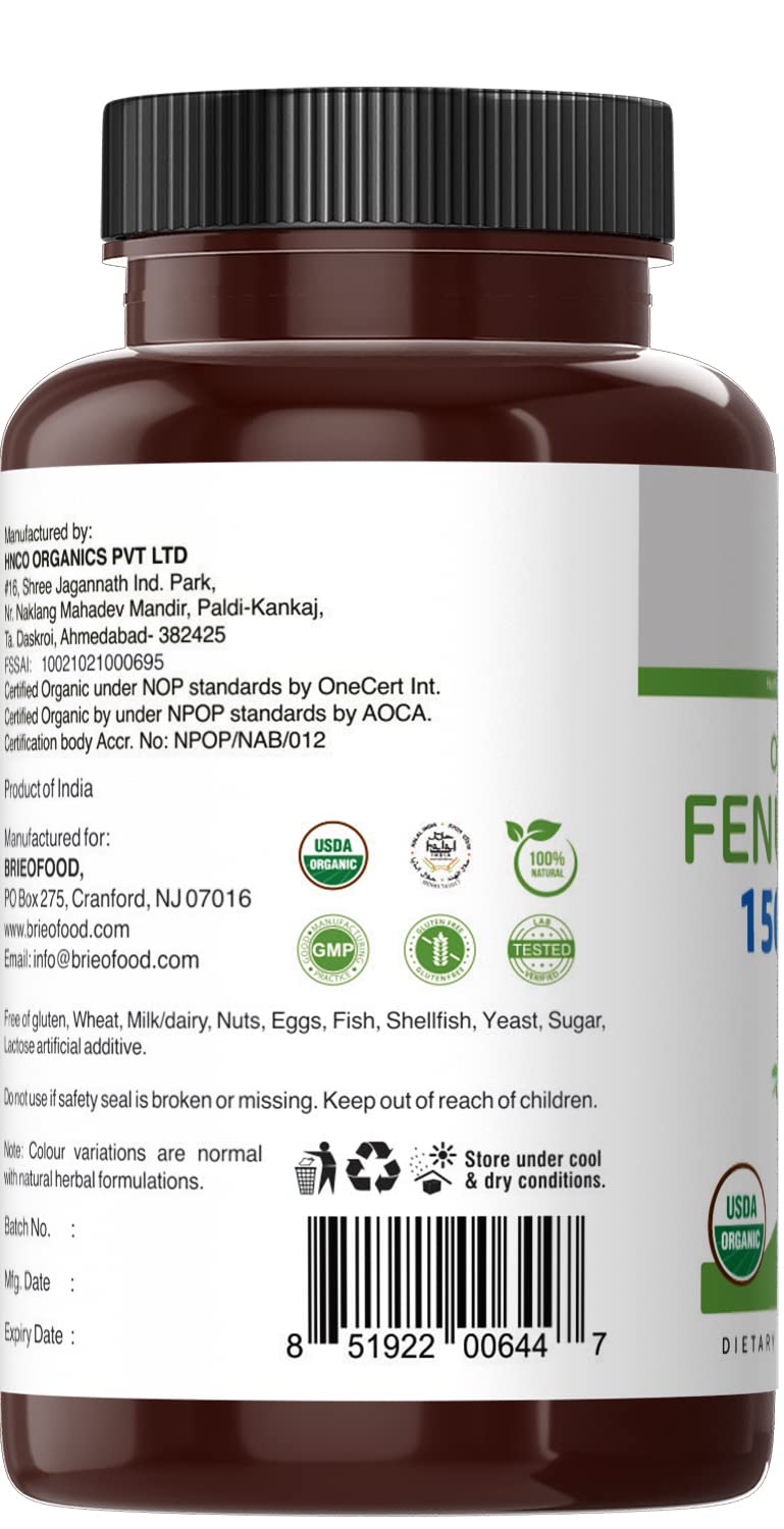 Brieofood Organic Fenugreek 1500mg Supplement - 90 Vegetarian Capsules | Gluten-Free, Non-GMO, 45 Servings | Supports Digestion & Lactation - Perfect for Postpartum & Vegan Diets
