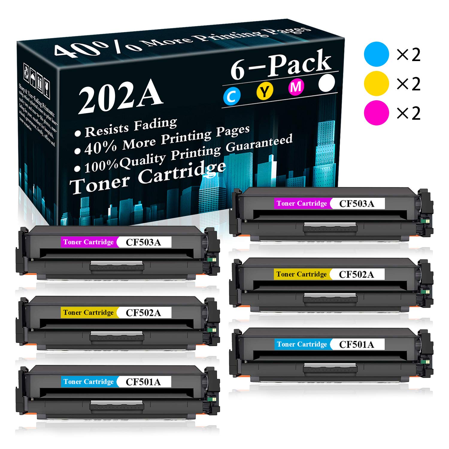 6-Pack (2C+2M+2Y) 202A | CF501A CF502A CF503A Compatible Toner Cartridge Replacement for HP Color LaserJet Pro M254nw/M254dw/M254dn/MFP M280nw/MFP M281fdn/MFP M281fdw/MFP M281cdw Printers - High Yield Printing for Office & Home Use - Sold by TopInk