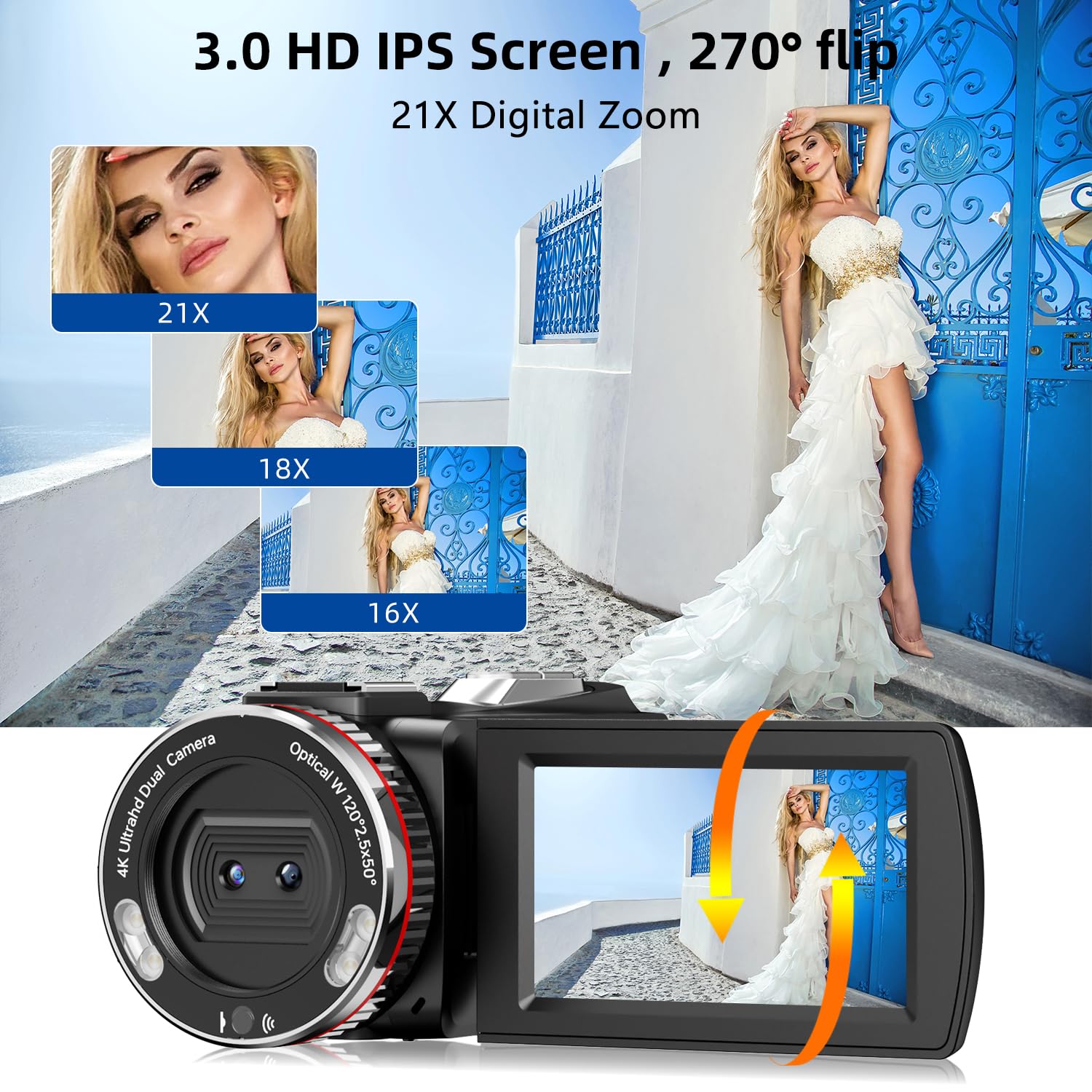 4K 64MP Dual Lens Video Camera with Wireless Mic, 60FPS Ultra HD Camcorder, 3