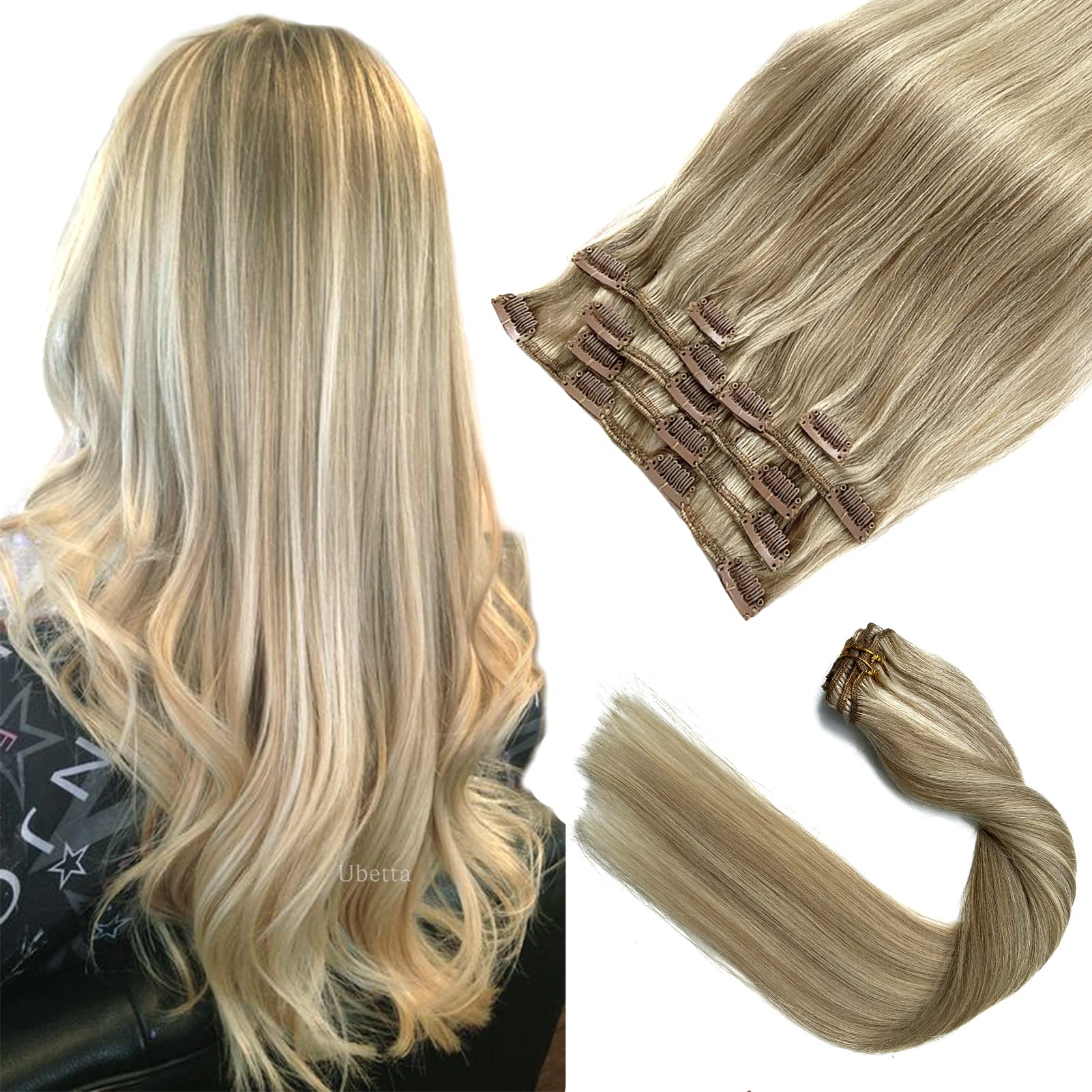 18 Inch Clip in Hair Extensions - Ash Blonde Balayage Human Hair (7 Pieces, 70G Double Weft) for Volume & Length | Perfect for Parties, Weddings & Daily Styling