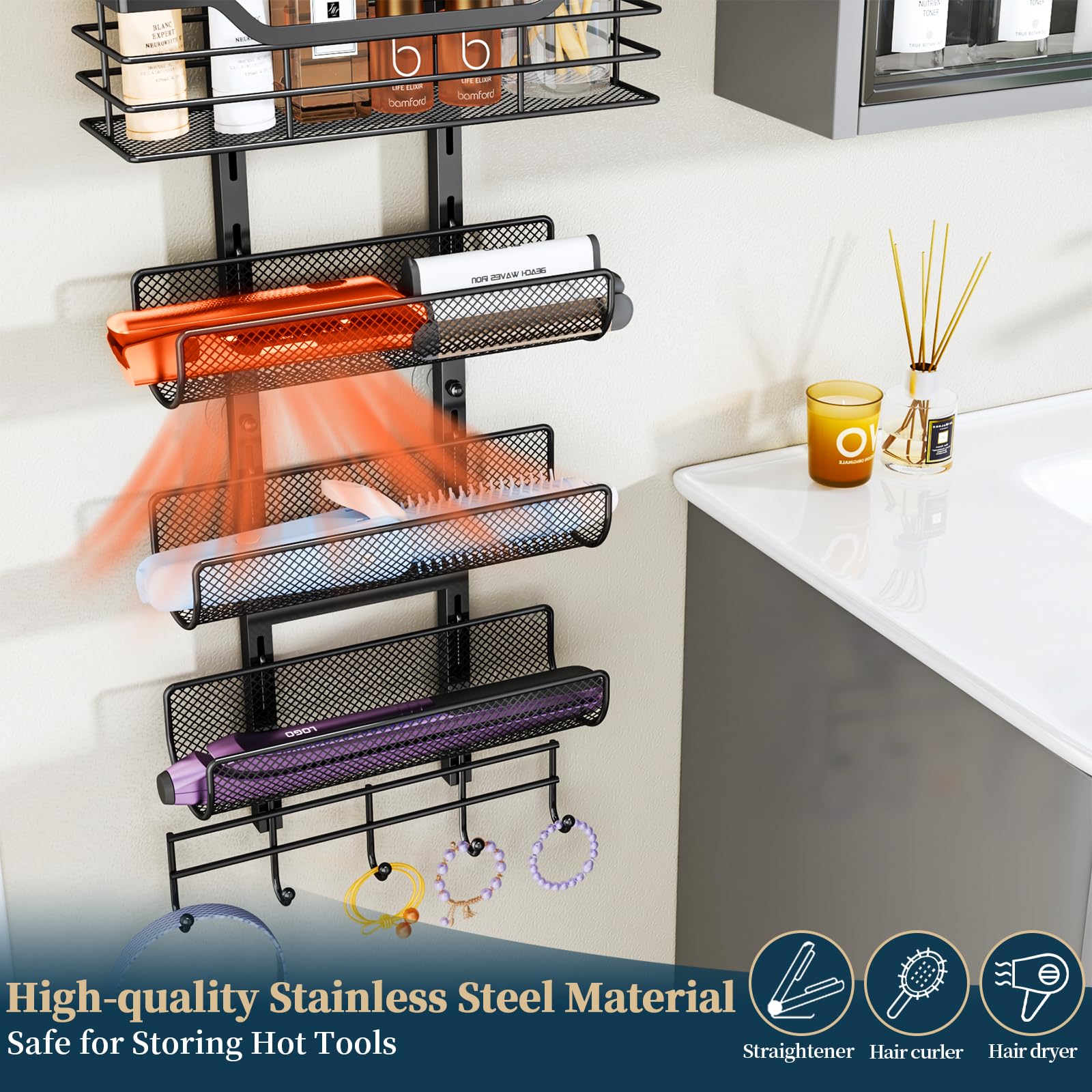 6-Tier Hair Tool Organizer Wall Mount - Adjustable Bathroom Storage Shelf for Hair Dryer, Curling Iron & Straightener | Space-Saving Over The Door Hook Design for Salon-Style Organization (Black)