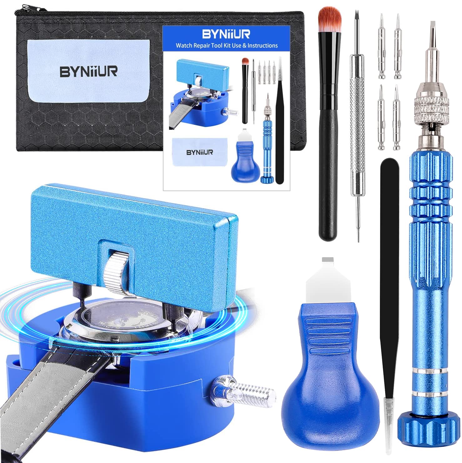 BYNIIUR Professional Watch Battery Replacement Tool Kit - Watch Repair Kit with Back Case Remover & Opener Tools - Perfect for Watchmakers, Jewelers & DIY Watch Repair at Home or Workshop