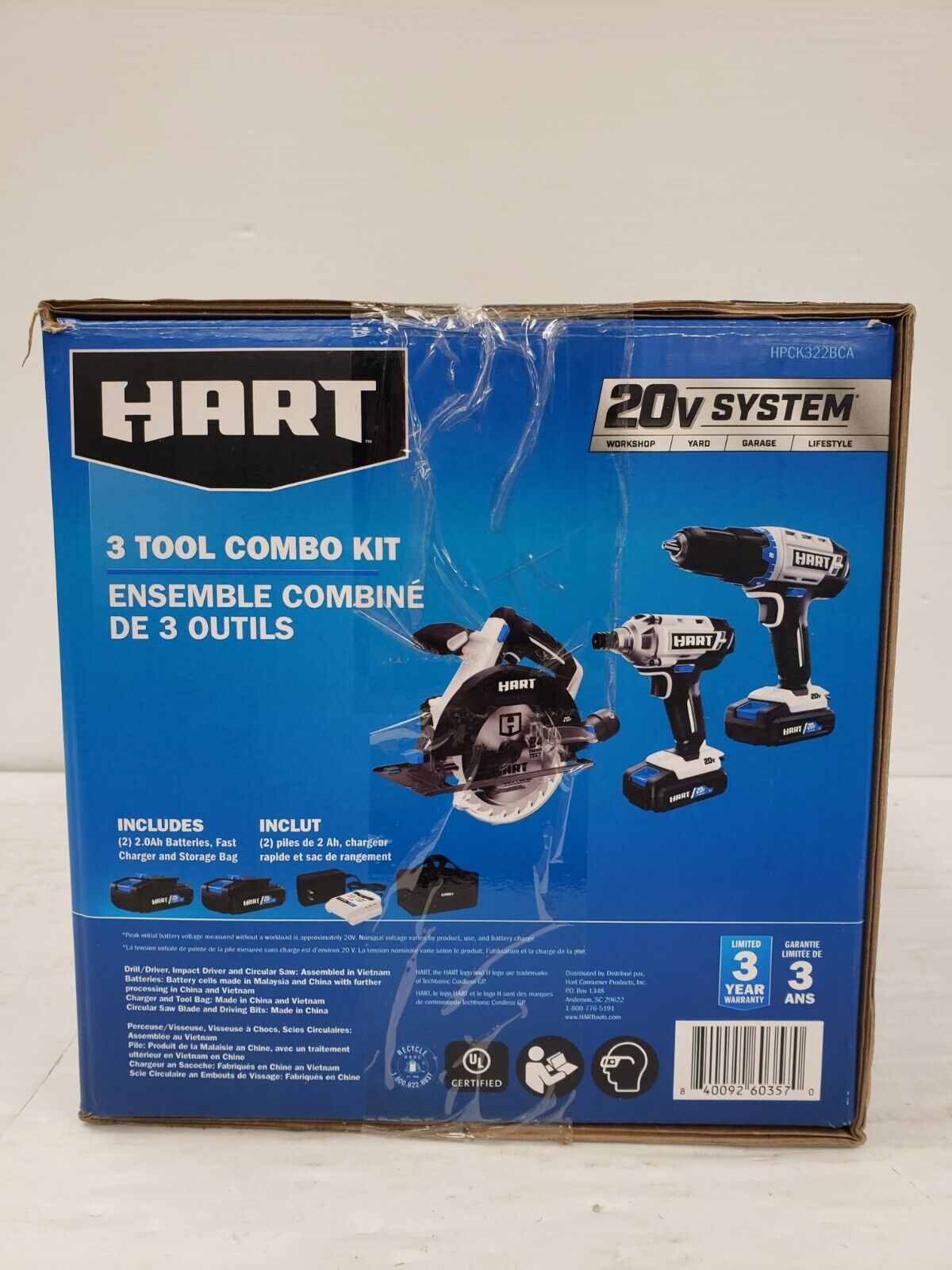 Hart HPCK322BCA 3-Tool Combo Kit with Drill, Impact Driver & Reciprocating Saw - Perfect for DIY Home Improvement & Construction Projects