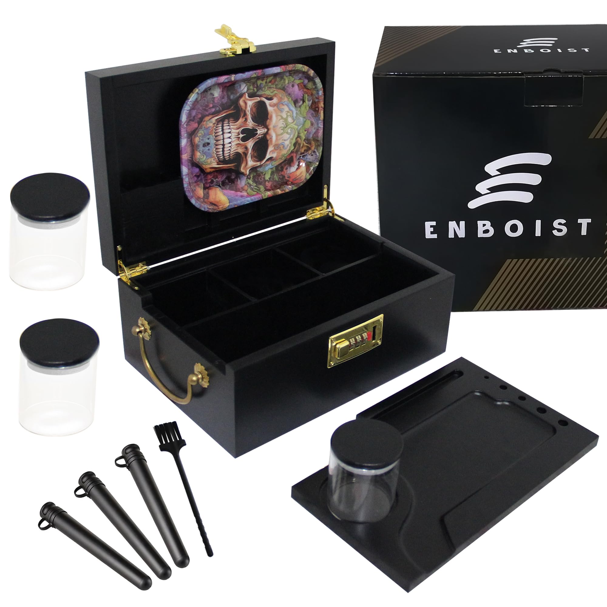 Premium Black Extra Large Odor-Resistant Bamboo Stash Box with Lock - Rolling Tray & Solid Brass Handle - Decorative Storage Box with Removable Dividers | Perfect for Organizing Jewelry, Herbs, and Valuables at Home or Office