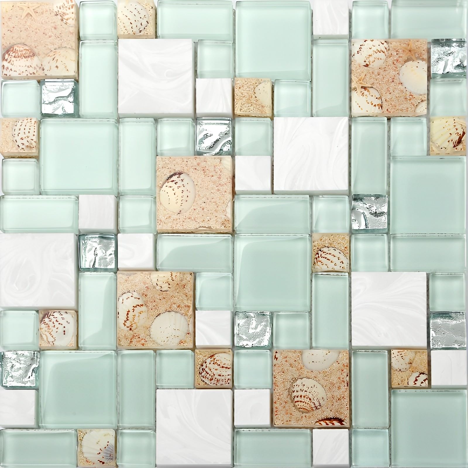 11-Sheets Lake Green Glass and White Stone Mosaic Tile - Conch Shell Pattern for Kitchen Backsplash, Bathroom Shower, Accent Wall (NB02) | Waterproof Peel-and-Stick DIY Home Decor for Coastal Style Bathroom & Kitchen Renovation