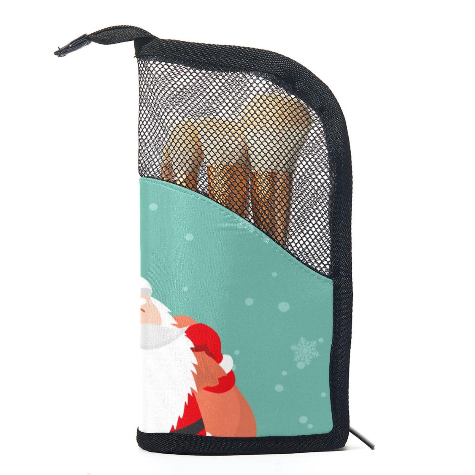 Premium Makeup Brush Organizer Bag with 12 Brushes - Christmas Santa Claus & Reindeer Design - Portable Travel Cosmetic Brush Holder Case for Makeup Artists & Beauty Lovers (Great for Holiday Gifts, Travel, Home Vanity & Professional Use)