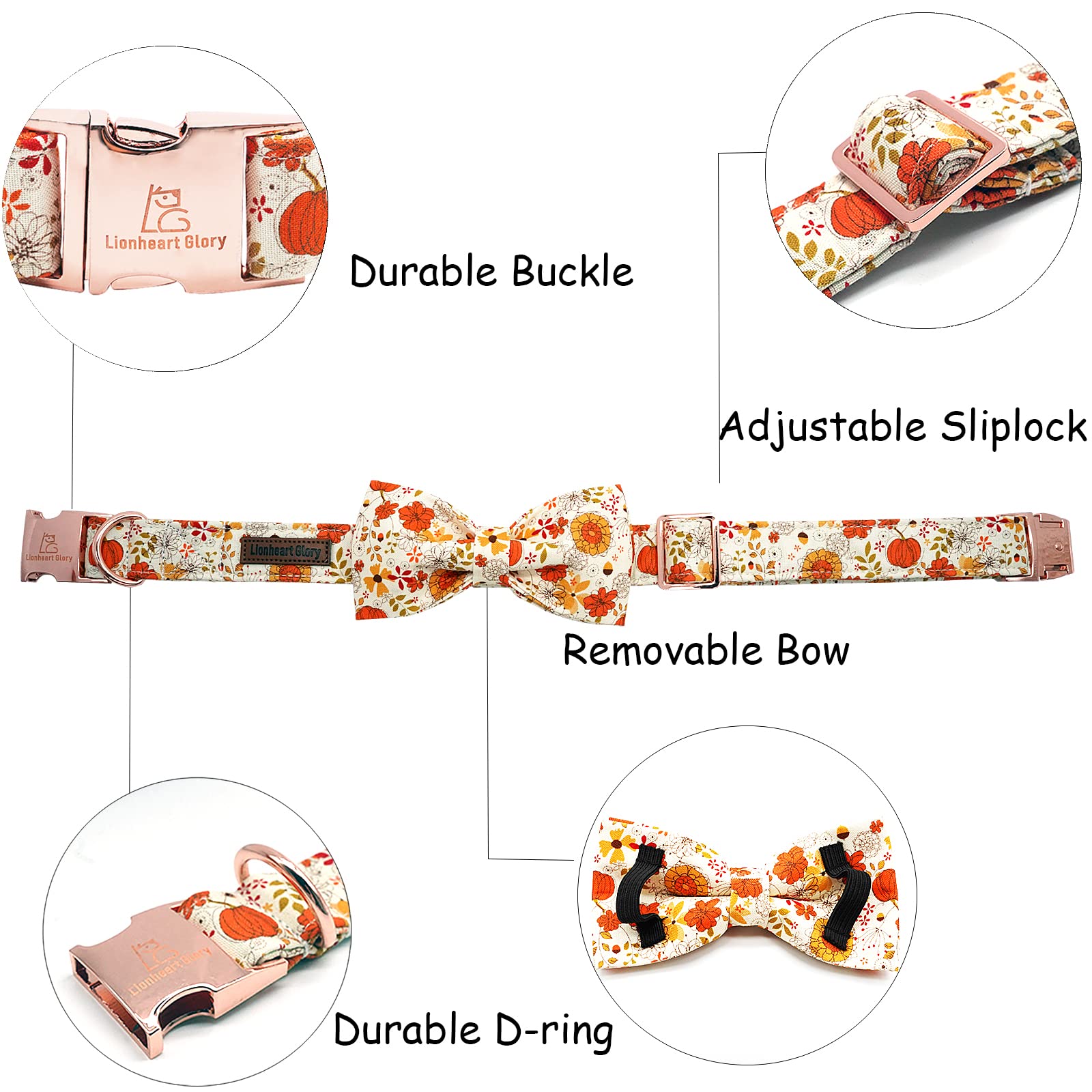 Premium Adjustable Heavy Duty Dog Collar with Bowtie - Fall Pumpkin Design for Medium Dogs | Durable Pet Collar for Daily Walks, Training & Special Occasions