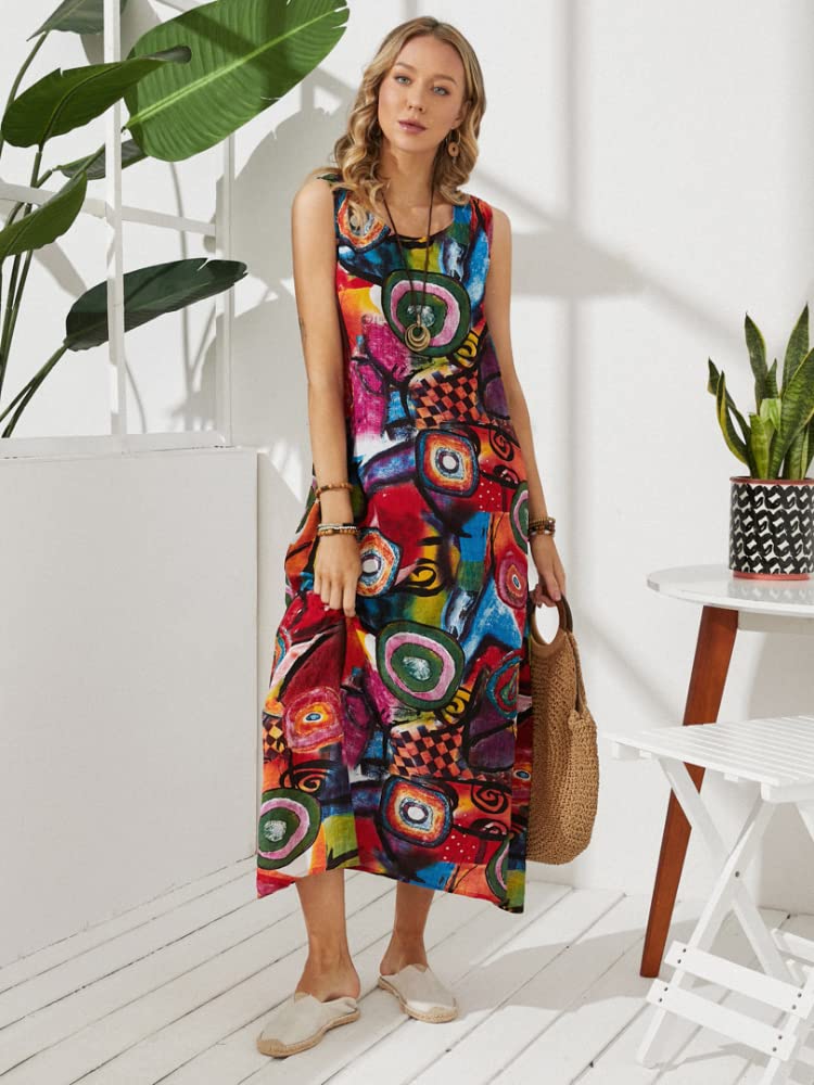 ZANZEA Women's Floral Print Boho Maxi Dress - Sleeveless Loose Fit Long Summer Dress for Beach, Party & Casual Wear | Perfect for Vacations, Outings & Outdoor Events