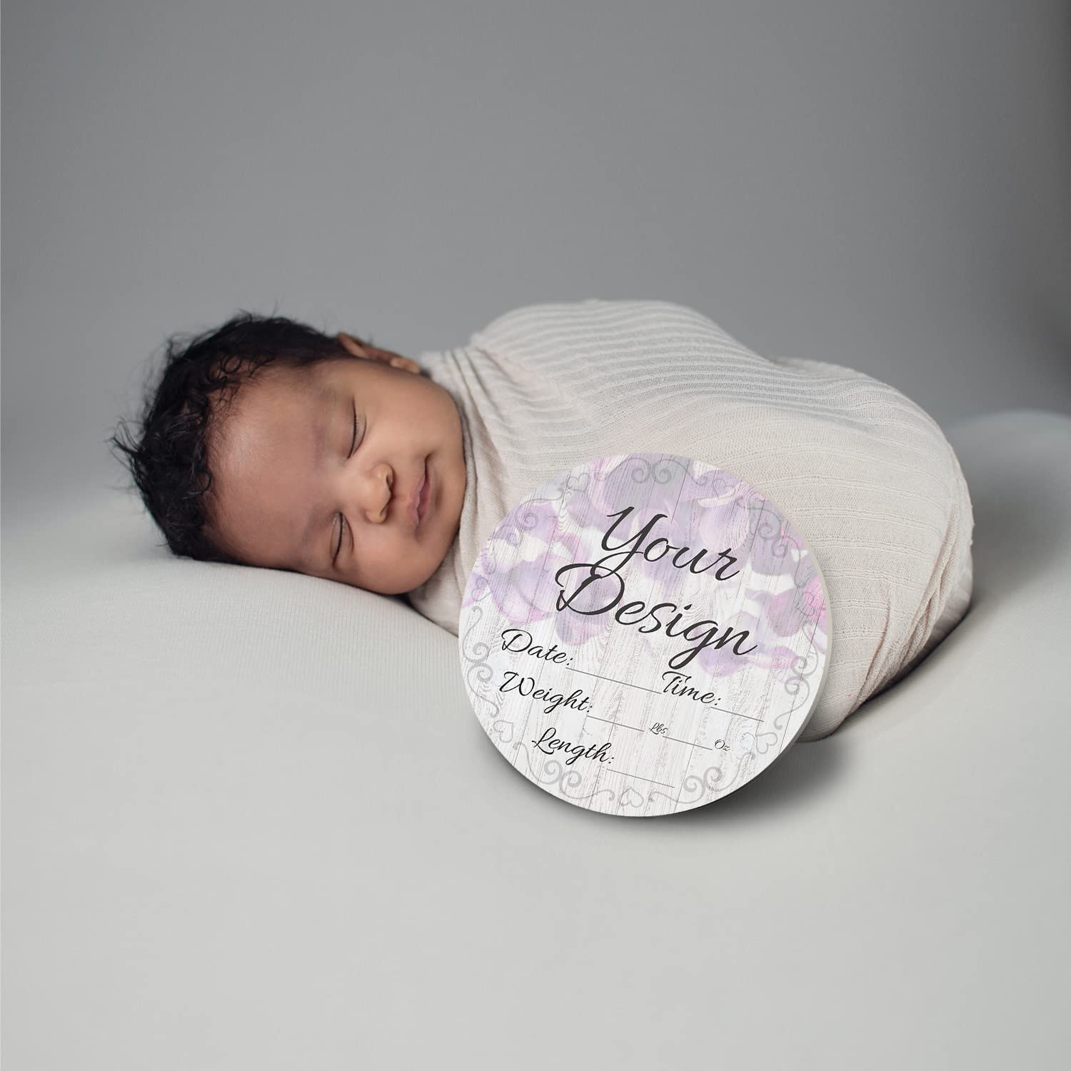 Personalized Baby Newborn Announcement Sign - Custom Name & Gender Reveal for Nursery, Girl Boy Neutral Wall Decor - Perfect for Hello World Hospital Photography & Baby Shower Gifts (Purple Flowers Design)