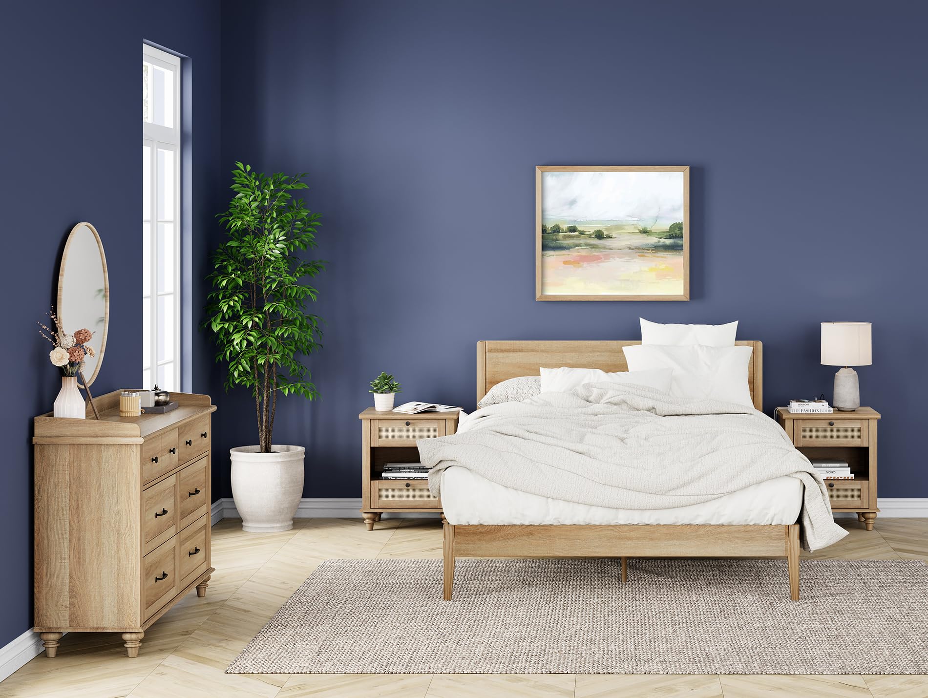 WAMPAT 3-Piece Farmhouse Bedroom Set - Oak Dresser with 6 Drawers & 2 Rattan Nightstands with Charging Stations | Rustic Bedroom Furniture for Master Bedroom, Guest Room or Dorm | Storage Solution & Nightstand Convenience