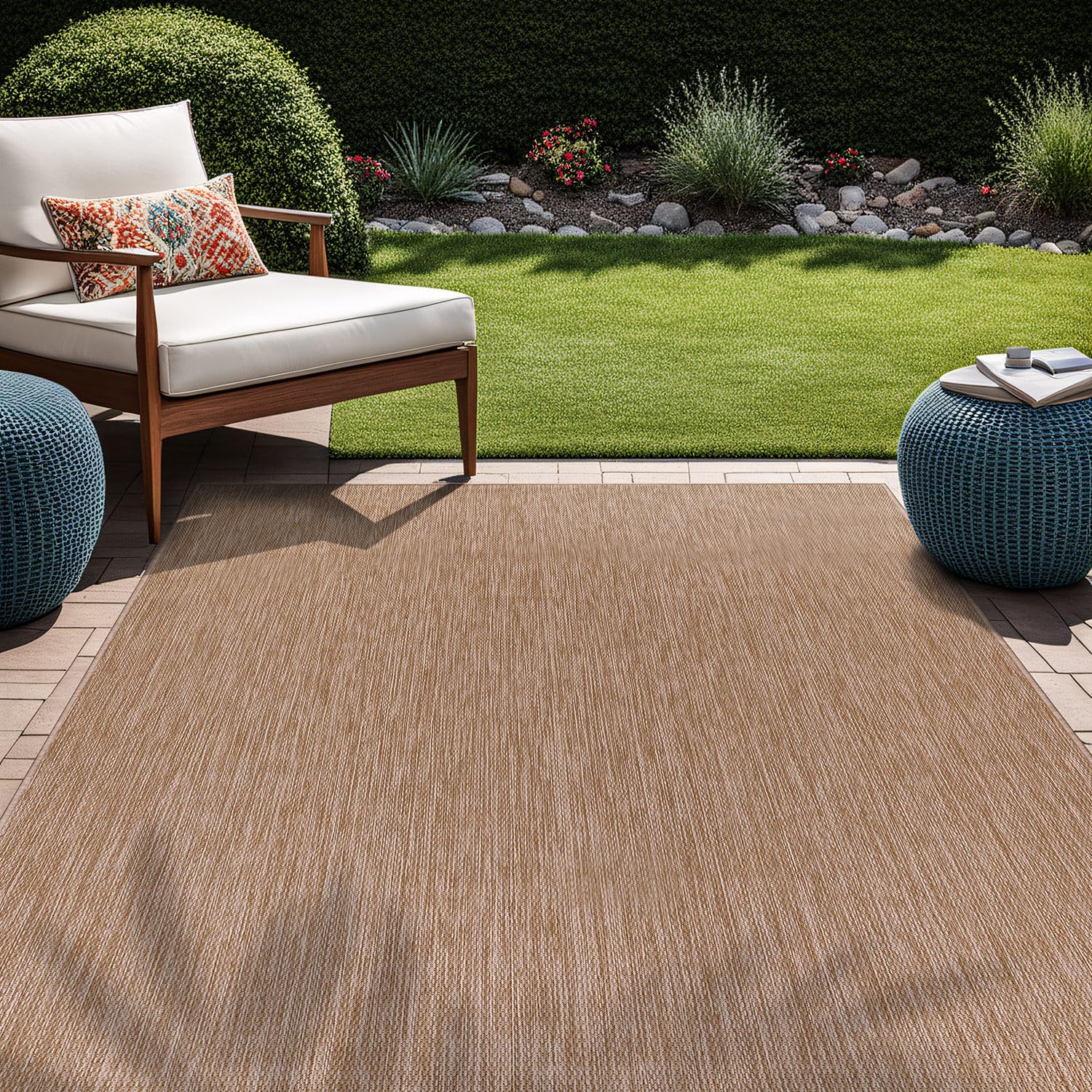 Beverly Indoor Outdoor Rug 6x9 - Washable Water Resistant Jute Beige Area Rug for Patio, Deck, Porch - Modern Solid Design for Home, Garden & Backyard Decor