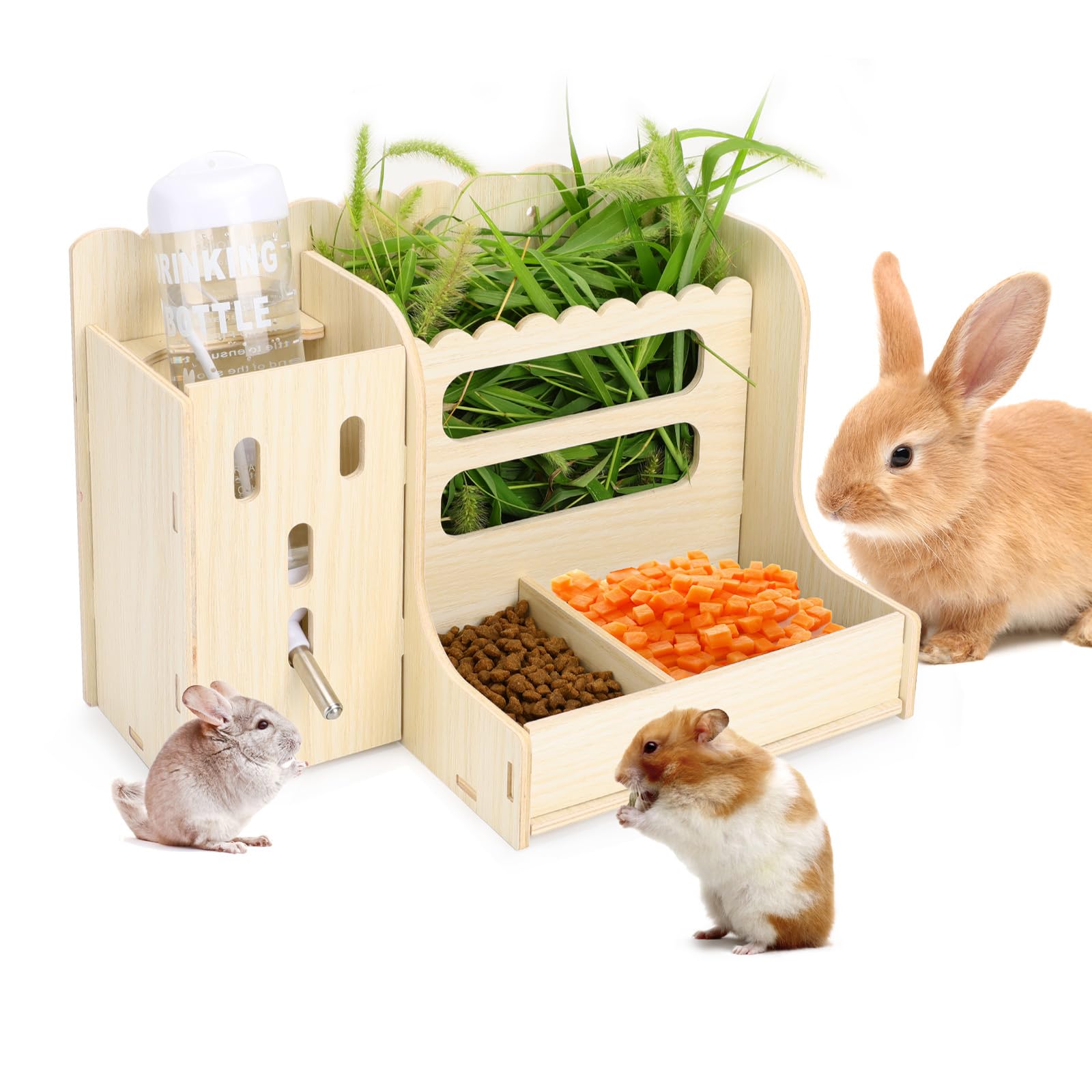 Best Wooden Guinea Pig Feeder with Water Bottle - Hay Holder & Food Divider for Small Pets - Perfect for Guinea Pigs, Rabbits, Chinchillas & Hamsters - Ideal for Cage Setup & Feeding Station