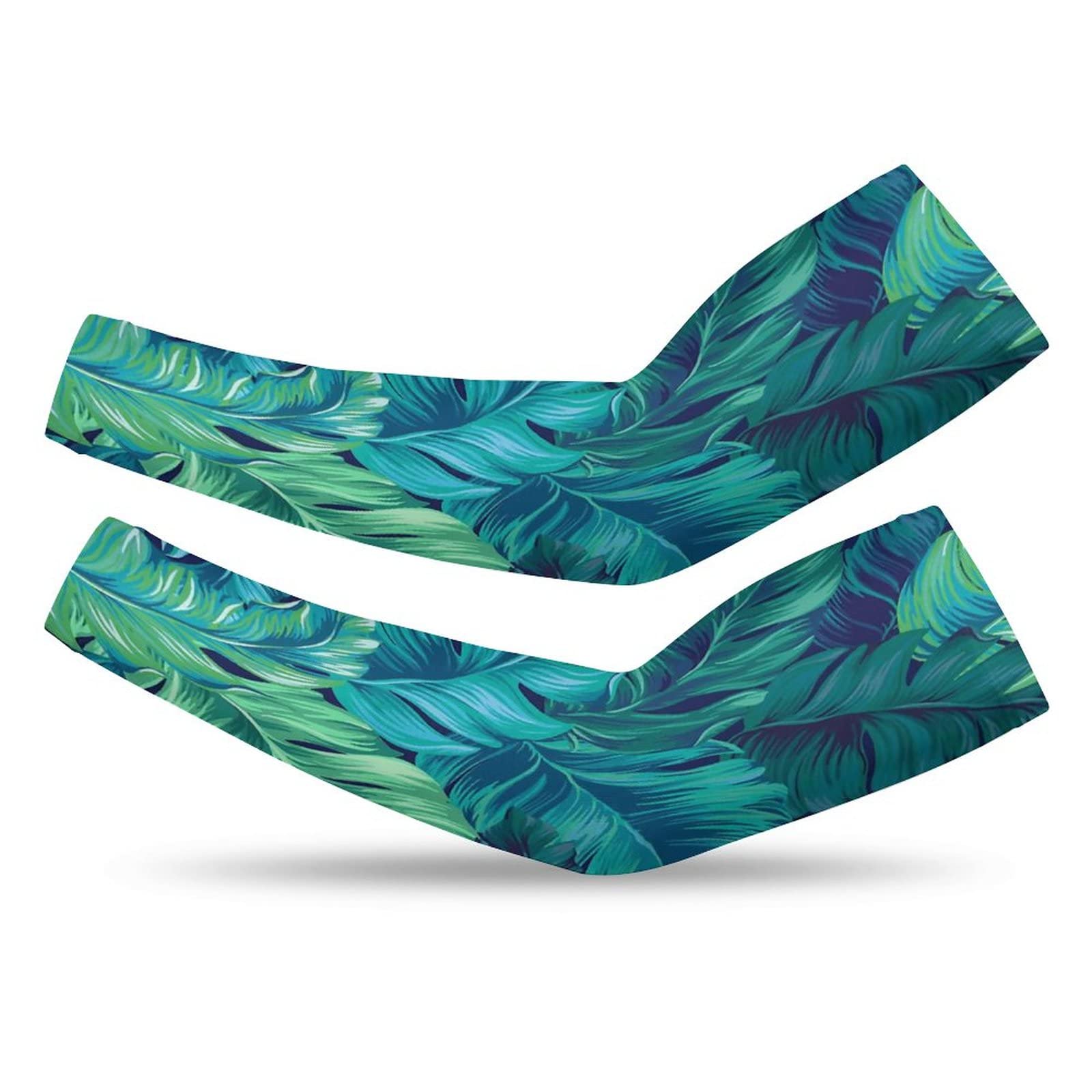 Turquoise Green Tropical Leaves UPF 50+ Cooling Arm Sleeves for Women & Men - Breathable Compression Sports Arm Covers for Outdoor Activities, Running, Cycling & Sun Protection