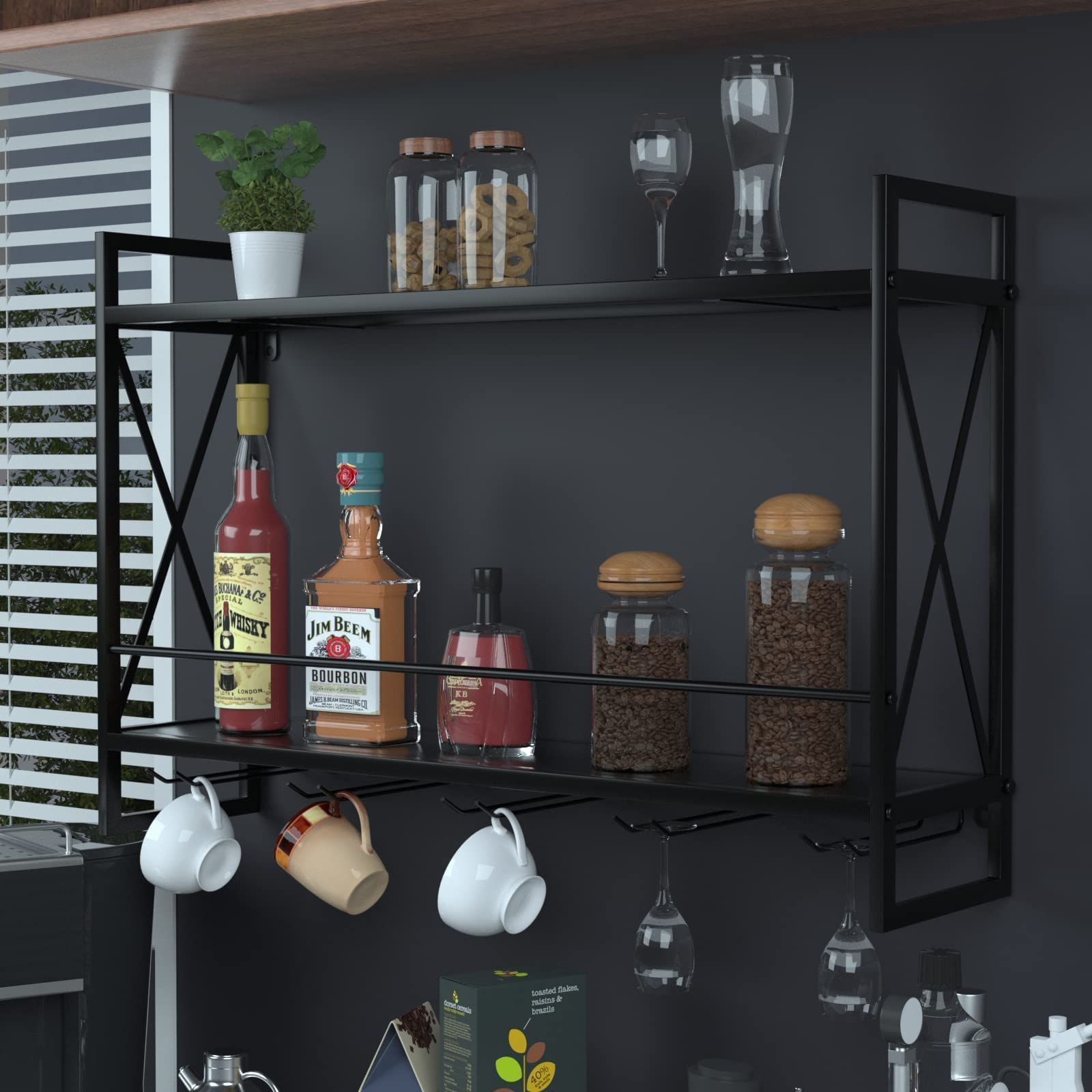 Industrial Wall Mounted Wine Rack with Glass Holder - 31.5 Inch Rustic Metal 2-Tier Shelving for Wine Bottles & Glasses | Perfect for Kitchen, Bar, Restaurant & Home Decor