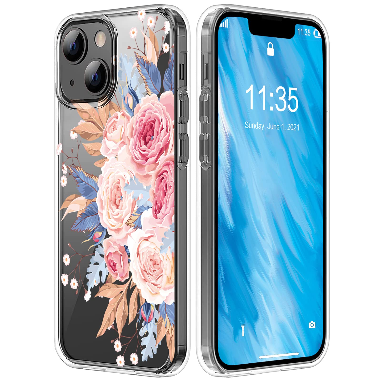 Shockproof iPhone 13 Mini Case - Military Grade Hybrid Cover with Pink Flowers for Daily Protection