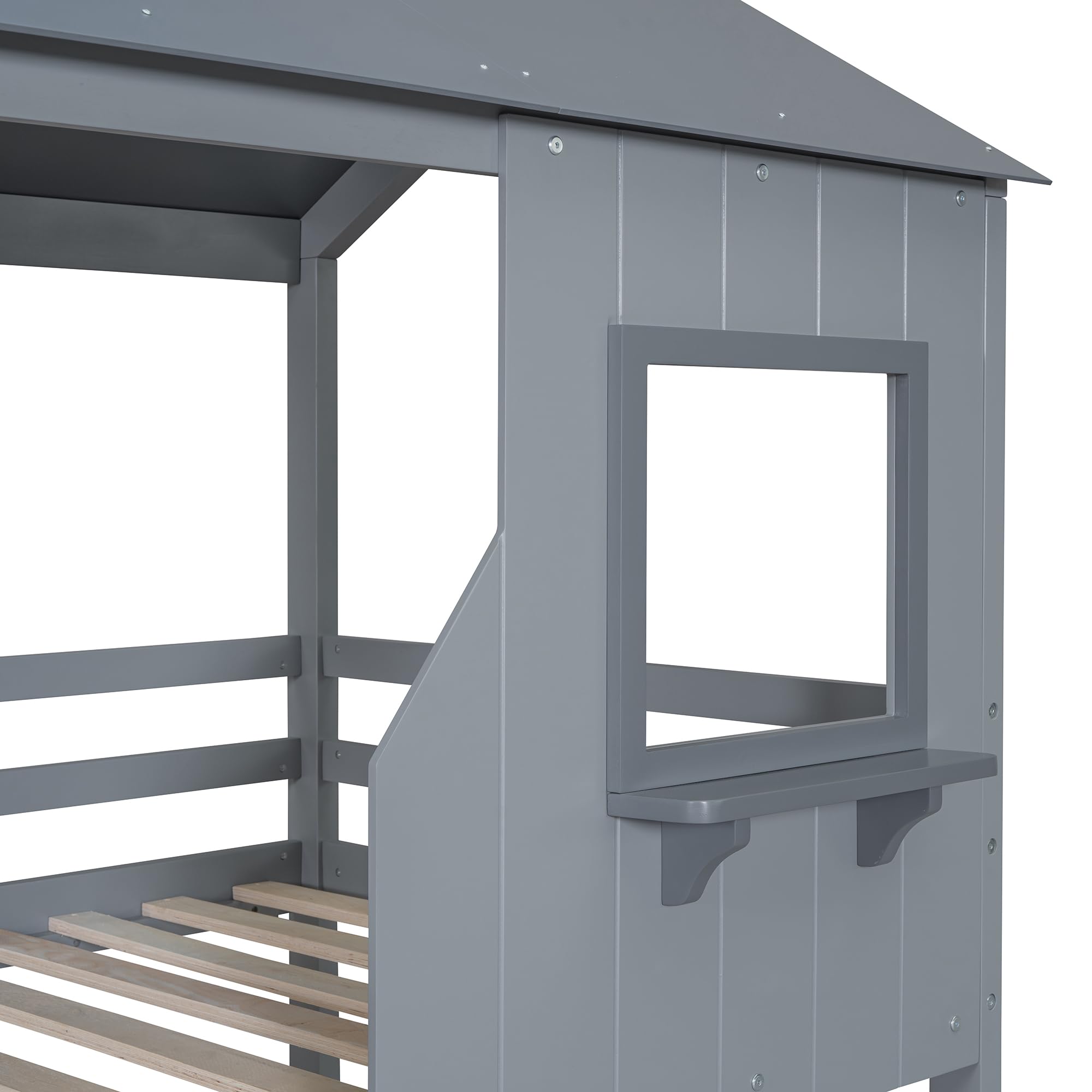 Polibi Twin-Over-Twin Wooden Bunk Bed with Playhouse Design - Farmhouse Style Kids Bunk Bed with Ladder & Safety Guardrails - Space-Saving Grey Bunk Bed for Kids' Bedroom, Playroom or Small Spaces