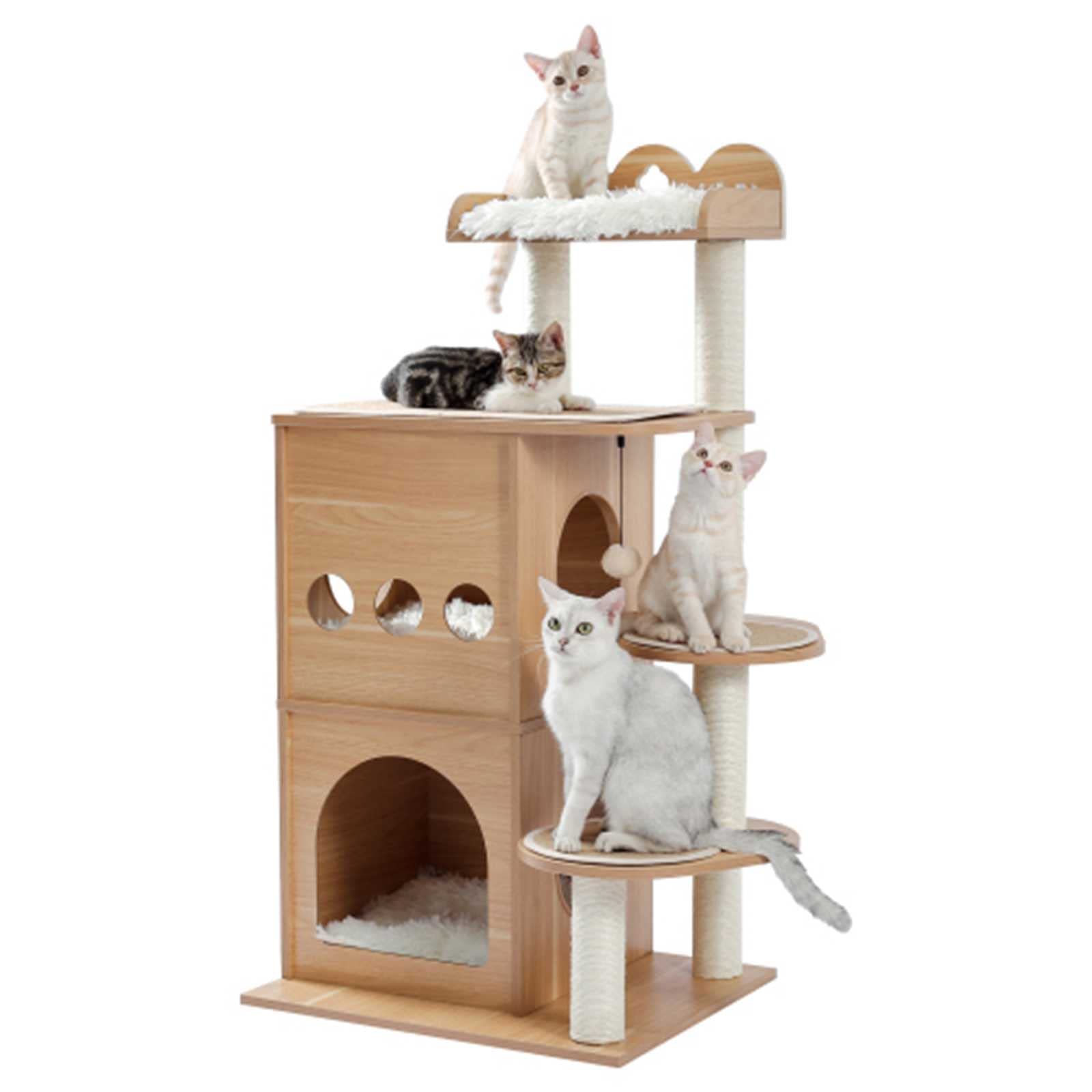 Premium Modern Wooden Cat Tree - Multi-Level Cat Tower with 2 Cozy Condos, Luxury Perch & Interactive Toys | Durable Cat Furniture for Indoor Cats | Perfect for Small Spaces & Playful Kittens