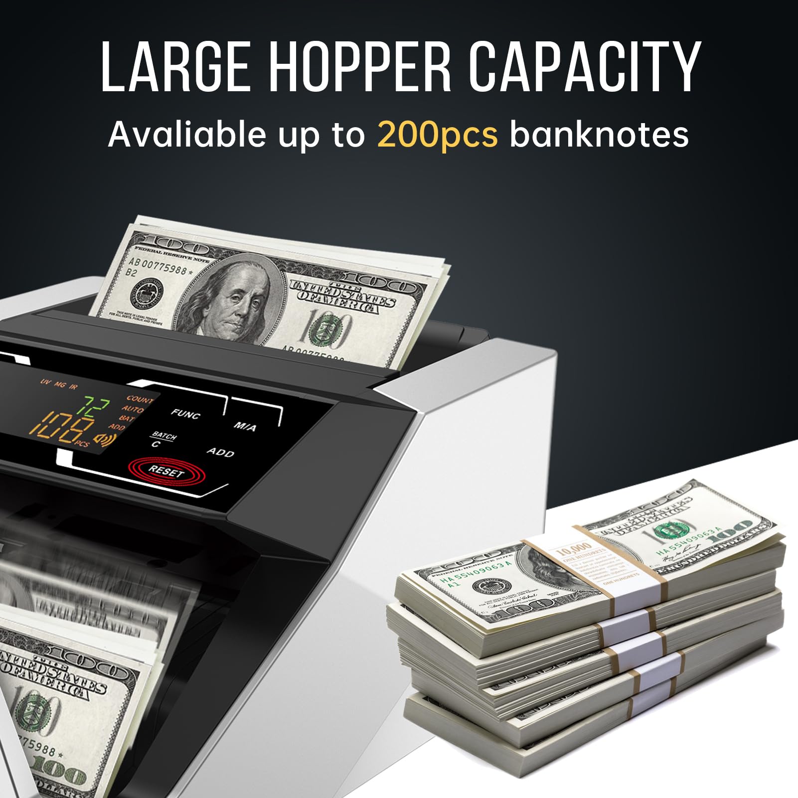 BISOFICE Automatic Money Counter Machine with UV/MG/IR Detection - High-Speed Cash Counter for US Dollars, Add & Batch Modes | Perfect for Banks, Retail Stores & Small Businesses