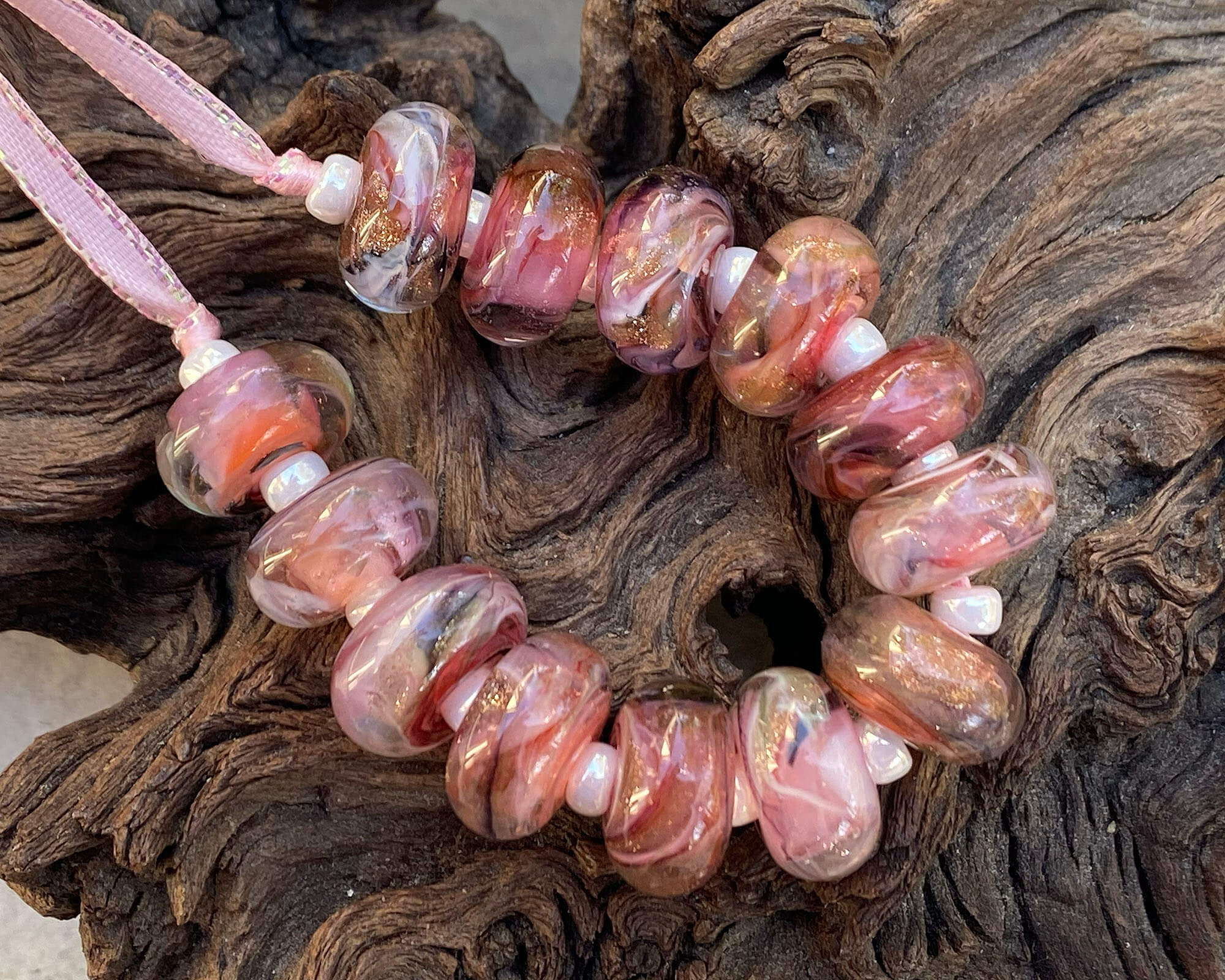 Mauve Pink Shimmer Lampwork Glass Beads Set - 100pcs Handmade Jewelry Making Supplies for Necklace, Bracelet DIY Craft Projects - Perfect for Boho, Wedding & Gift Making
