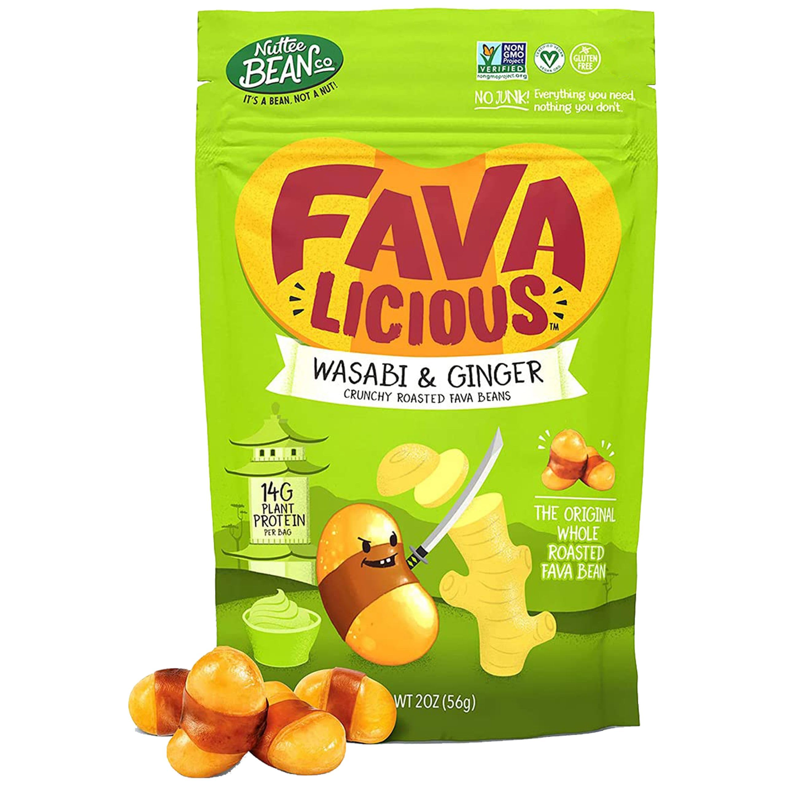 Nuttee Bean Favalicious Roasted Fava Bean Snacks - Vegan, Gluten-Free, Plant-Based Healthy Snacks for Adults & Kids - Wasabi & Ginger Flavor - 2 Oz (Pack of 12) - Perfect for Office, School, Travel & Movie Night Snacking