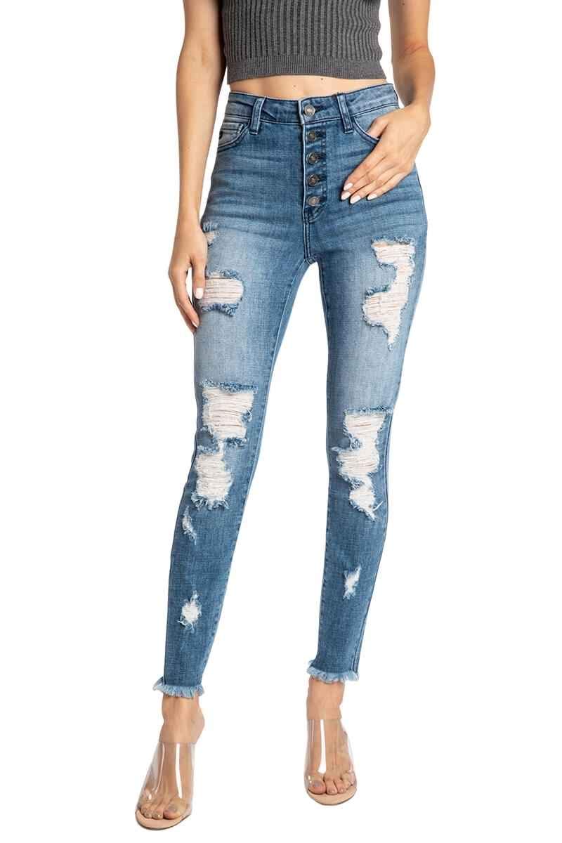 Kan Can Women's High Rise Button Fly Distressed Super Skinny Jeans | Vintage Stretch Denim Pants for Casual Wear, Night Out & Everyday Fashion
