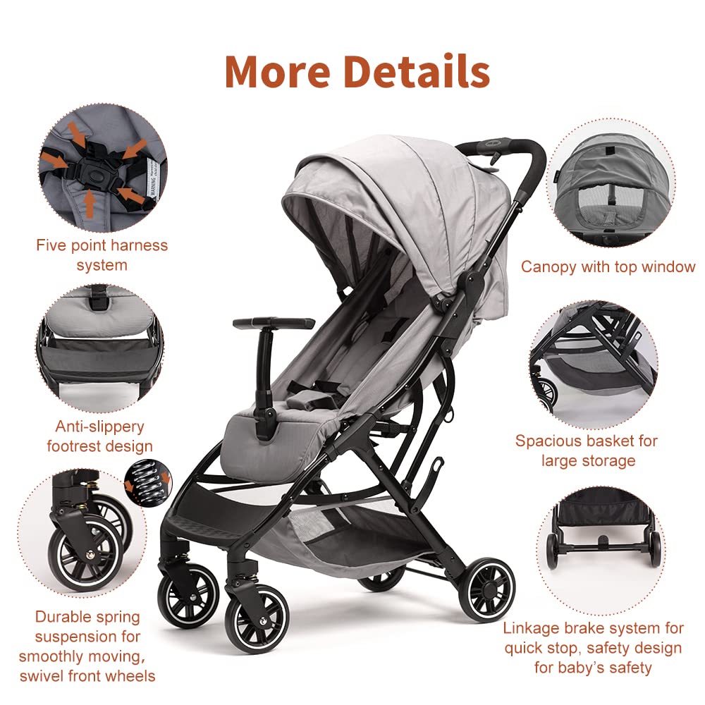 COOL KIDS Lightweight Automatic Fold Travel Stroller with Pop-Out Sun Canopy - Compact Umbrella Stroller for Toddlers (Gray) | Perfect for Airplane, Shopping & Daily Walks