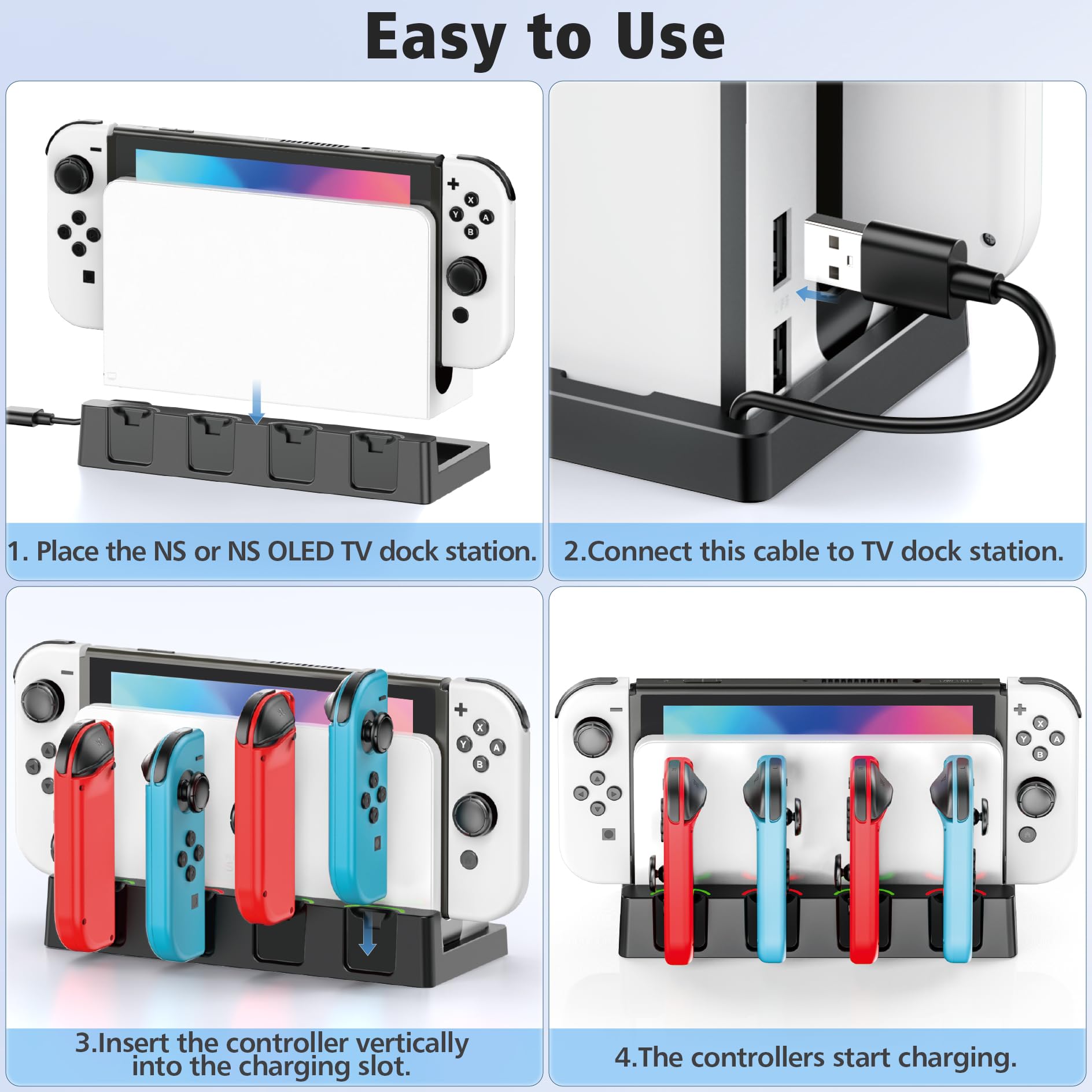 Nintendo Switch & Switch OLED Charging Dock Station with Cable - Joycon Controller Charger for Nintendo Switch - Perfect Gaming Accessories for Home & Travel Use