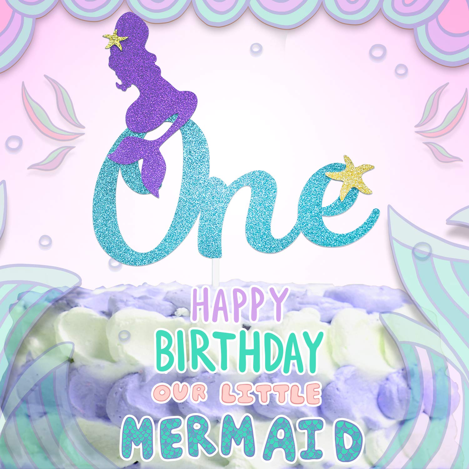 Blue Sea Gold Glitter Mermaid Cake Topper - Under The Ocean Theme Birthday Party Decor for 1st Birthday, Baby Shower & Wedding - Perfect for Cake Decorations, Dessert Table Displays & Underwater Party Photo Props
