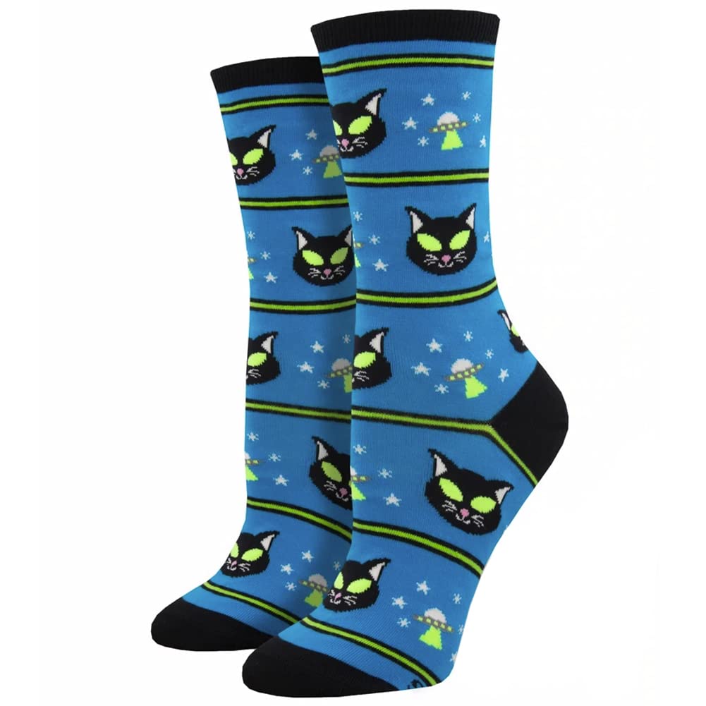 Women's Catliens Crew Socks by Socksmith - Fun & Comfortable Novelty Socks for Everyday Wear, Gifts & Cat Lovers