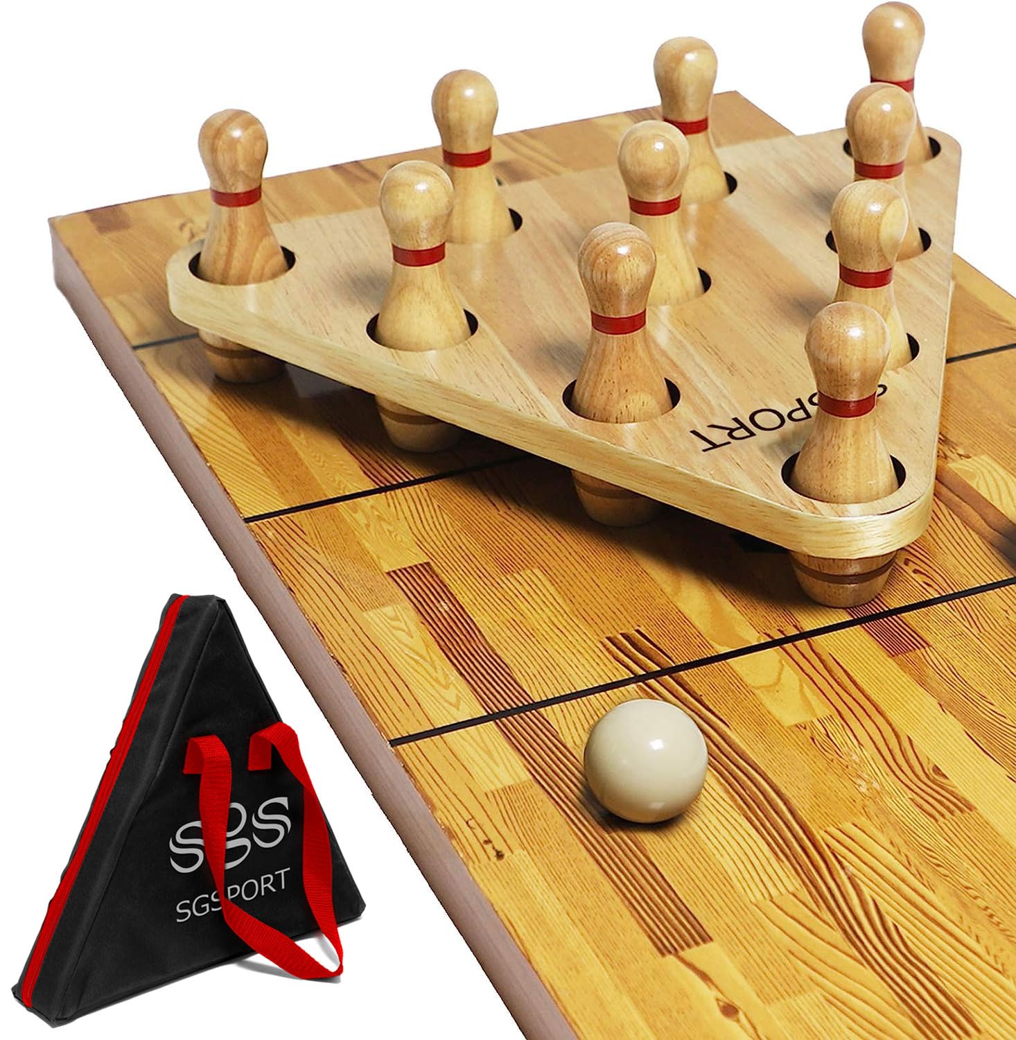 10-Piece Premium Hardwood Shuffleboard Bowling Pin Set with Durable Triangular Pinsetter, Resin Bowling Ball & Carrying Bag - Perfect for Family Game Nights, Bar Entertainment, and Backyard Parties