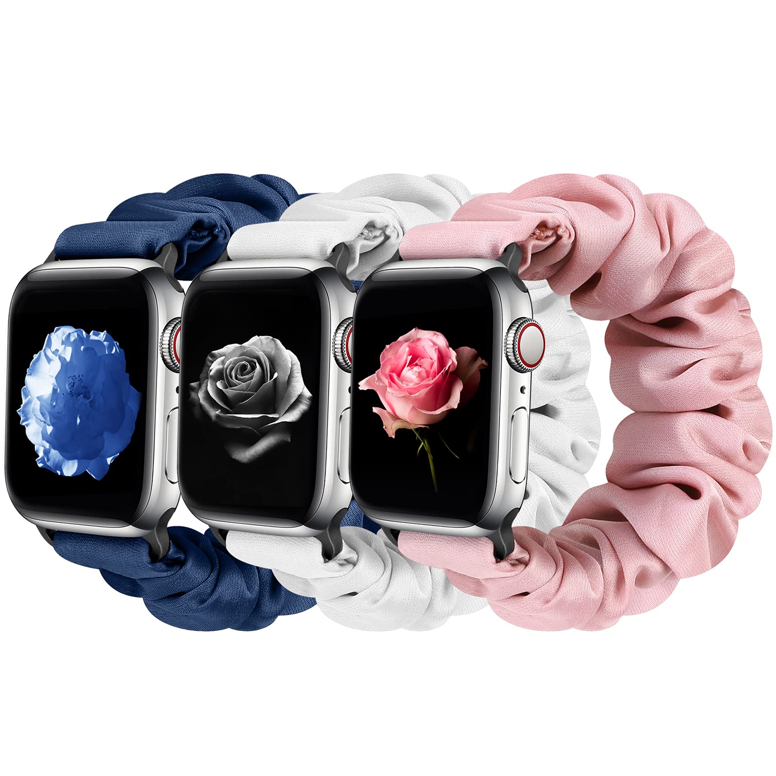 3 Pack Apple Watch Bands for Women - Soft Fabric Scrunchies Compatible with iWatch Ultra 2/Series 10/9/8/7/6/5/4/3/2/1/SE (38mm-49mm) - Stylish Printed Wristbands for Workout, Office & Everyday Wear