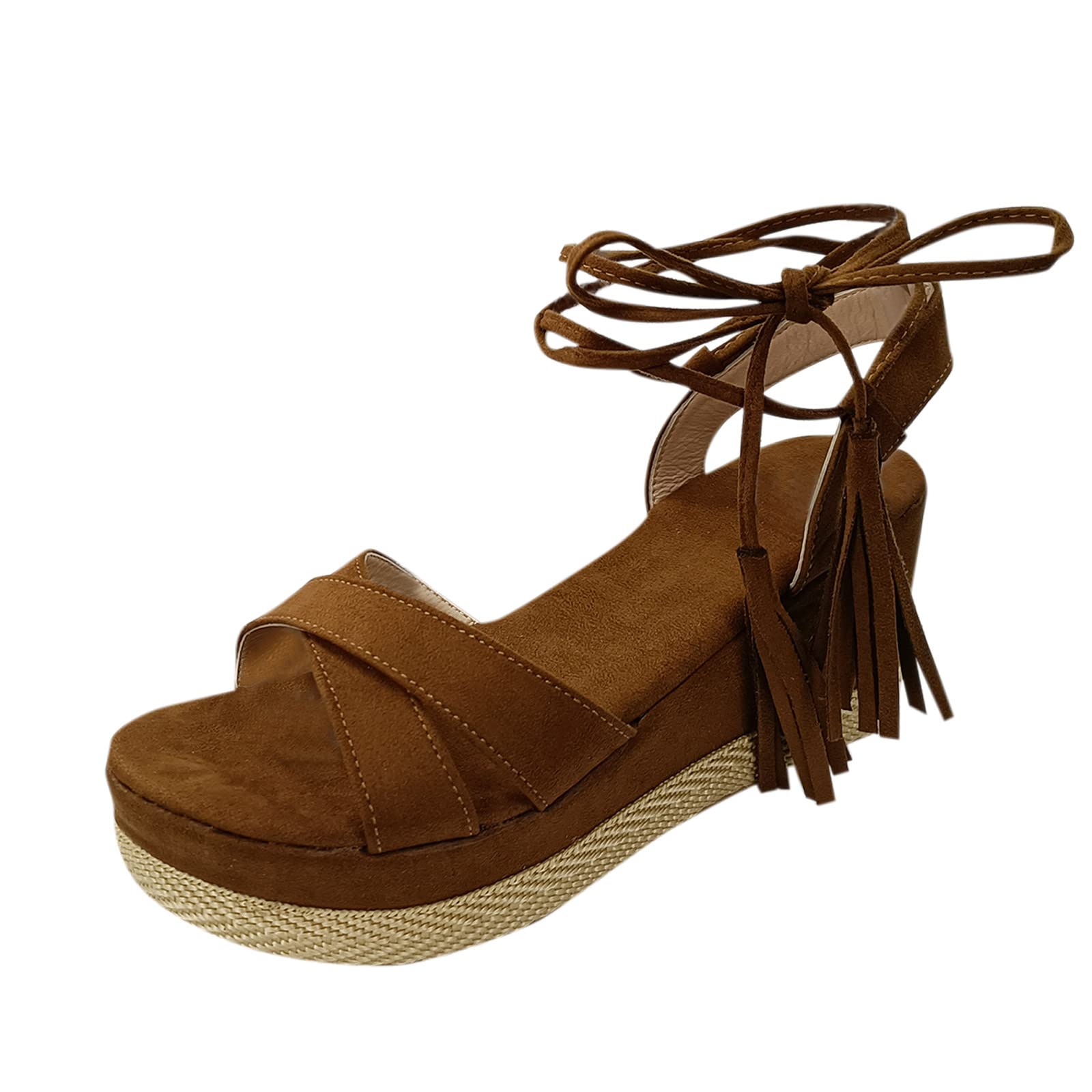 Retro Women's Lace-Up Wedge Sandals - Fashionable Peep-Toe Flat Summer Sandals in Gold & Brown (Size 7) | Perfect for Beach Vacations, Date Nights & Casual Outings