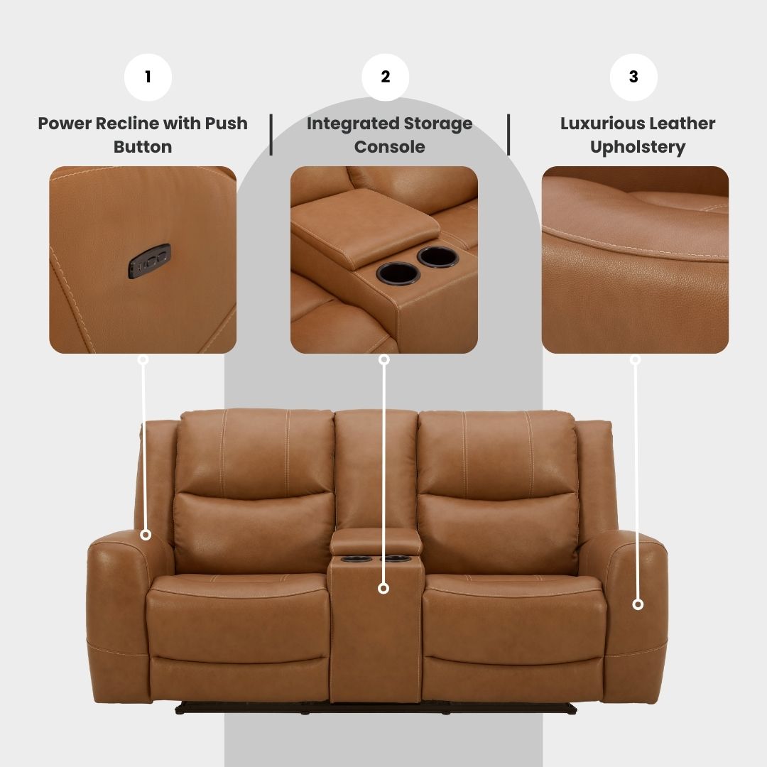 Roundhill Furniture Cozura Genuine Leather Power Reclining Loveseat with Console - Dual Motor, USB Charging & Cup Holders - Perfect for Living Room, Home Theater & Family Gatherings