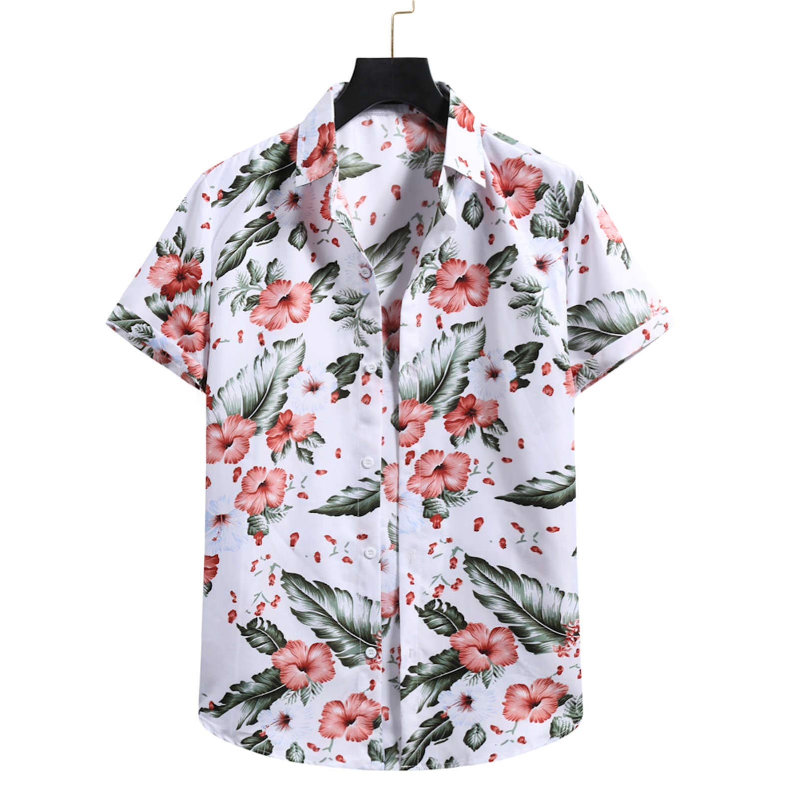Men's Short Sleeve Turtleneck Cardigan Shirt with Hawaiian Flower Print - Thick Cotton Beachwear for Summer Vacation & Casual Outings