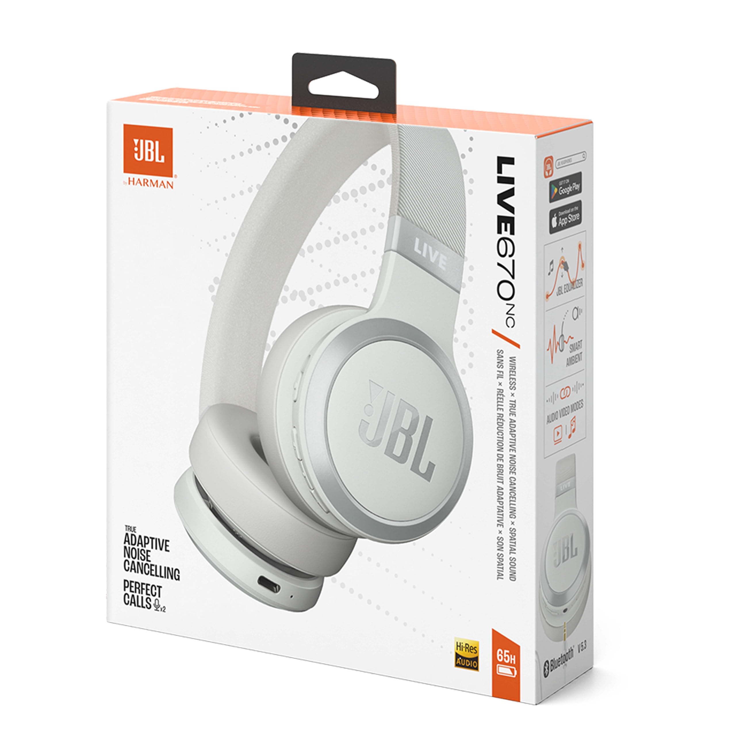 JBL Live 670NC Wireless On-Ear Headphones with Active Noise Cancelling, 65H Battery Life & Hi-Res Audio - White | Perfect for Travel, Work & Music Lovers