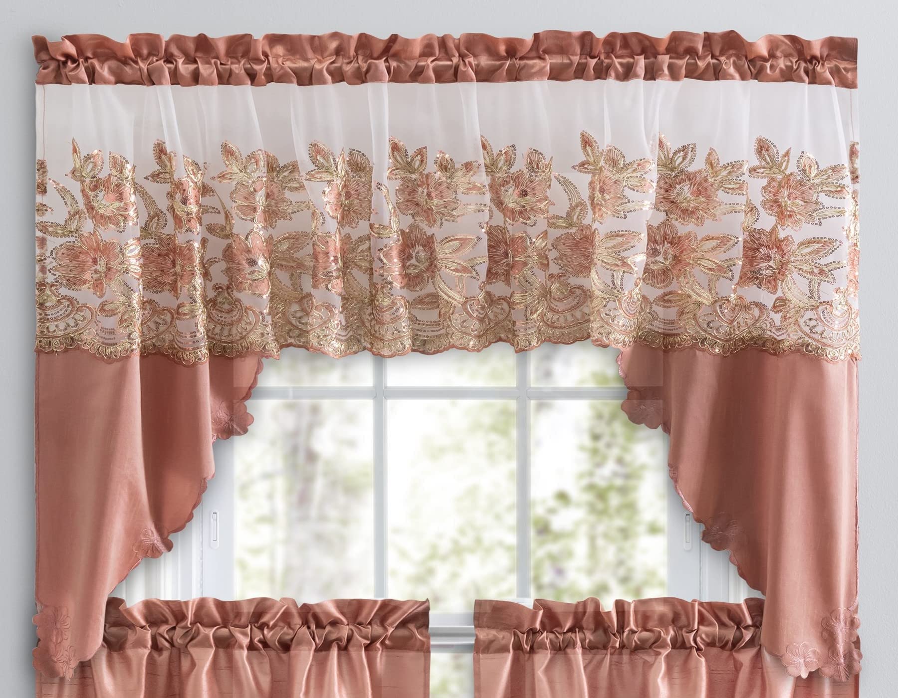 Linen 3-Piece Embroidered Window Curtain Set with Valance & Tiers - Blush Pink Kitchen, Living Room & Bathroom Curtains for Farmhouse & Boho Decor