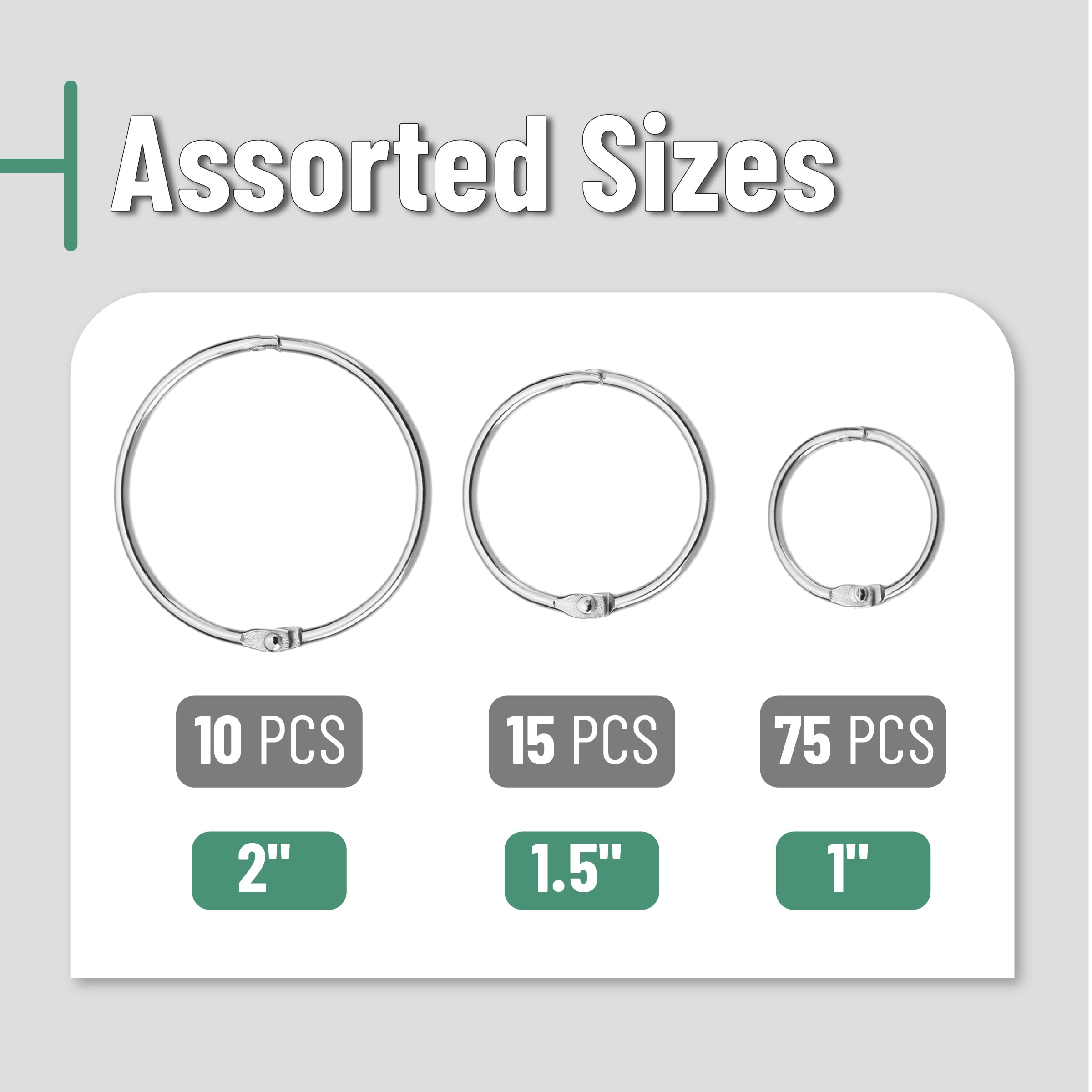 Mr. Pen- 100 Pack Loose Leaf Binder Rings, 3 Sizes (Silver) - Metal Book Rings for Index Cards, Flash Cards, Notebooks & Organizing Documents - Perfect for School, Office & Home Organization