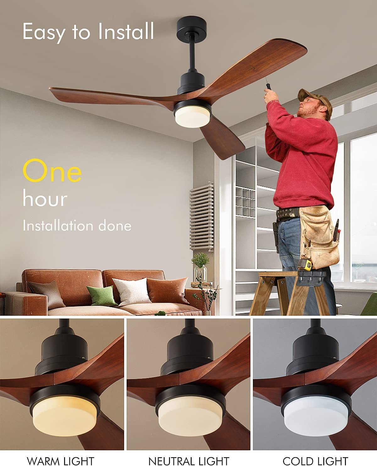KEYRIFI 52 Inch Modern Ceiling Fan with LED Light, 3 Blades Wooden Reversible DC Motor, Remote Control - Ultra Quiet for Bedroom, Living Room, Office, Patio & Outdoor Use