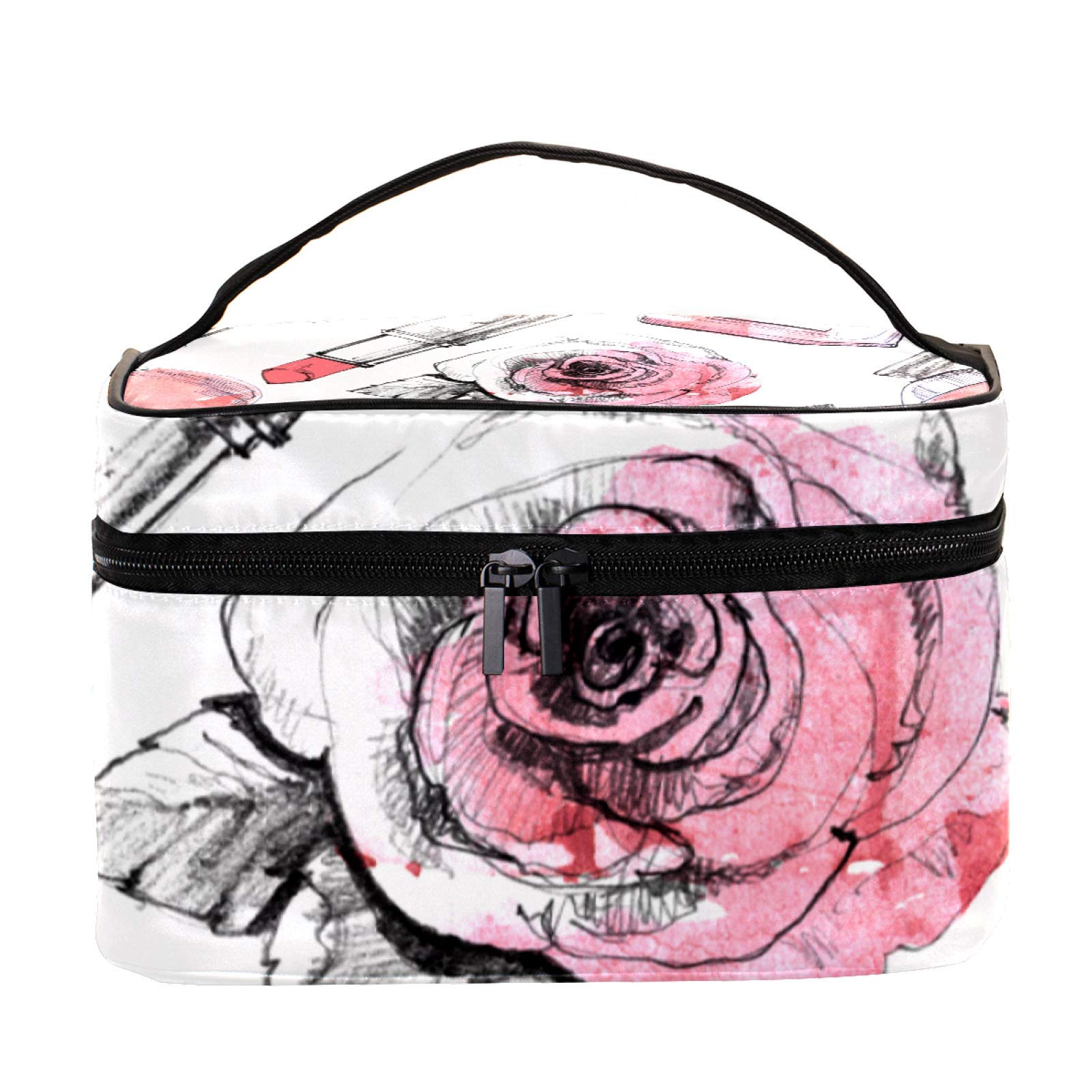 Elegant Pink Rose Hand-Painted Paris Cosmetic Bag for Women - Waterproof Travel Makeup Organizer & Toiletry Pouch | Perfect for Vacation, Gym, and Daily Essentials Storage