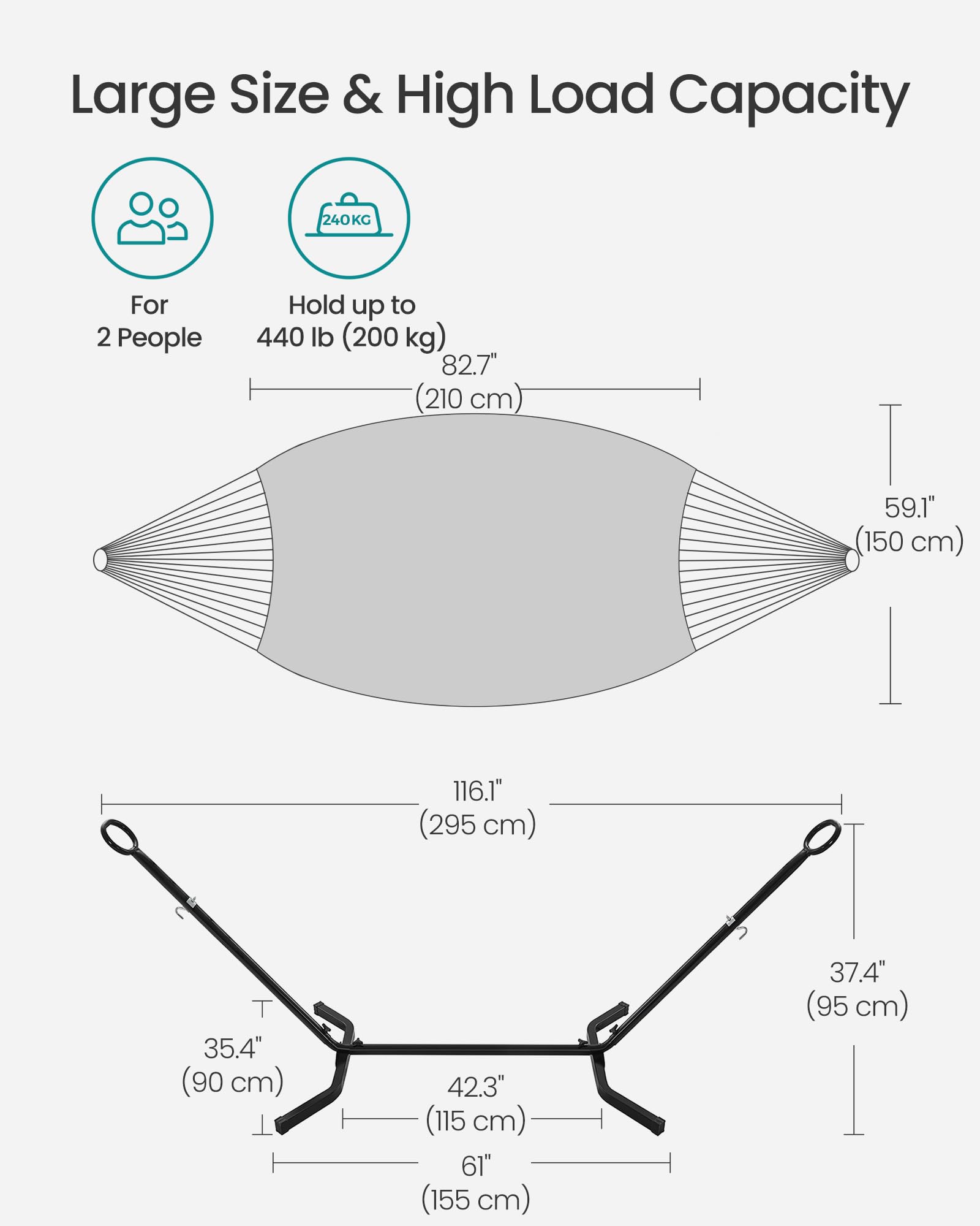 SONGMICS Double Hammock with Stand - 82.7 x 59.1 Inches Heavy Duty 529 lb Capacity Portable Hammock for Outdoor Camping, Backyard, Garden, Patio, Beach - Black & Gray UGHS001G01 | Perfect for Relaxation, Lounging and Summer Vacation Getaways