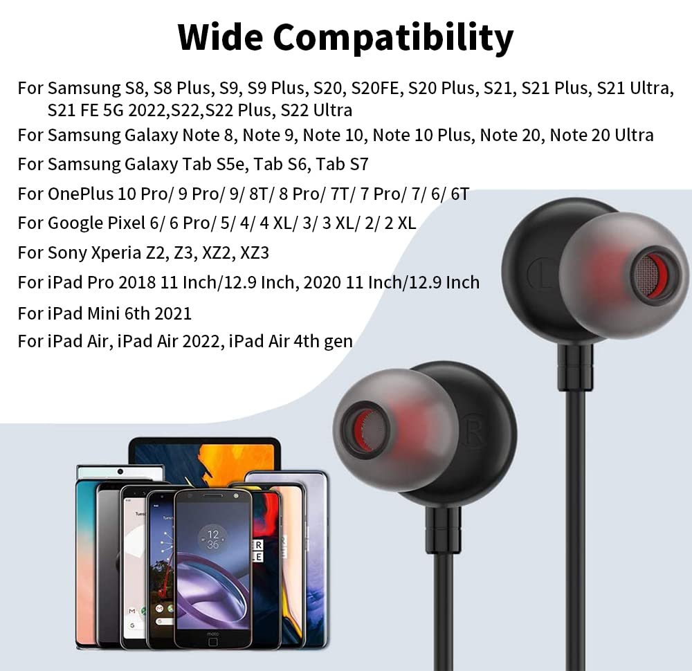 USB C Wired Earphones with Microphone - Compatible with Apple iPhone 16 Pro Max/15 Plus, Samsung Galaxy S25/S24/S23 Ultra, Google Pixel 9 & OnePlus - Small Earbuds for Comfortable Fit - Perfect for Commuting, Gaming & Work Calls