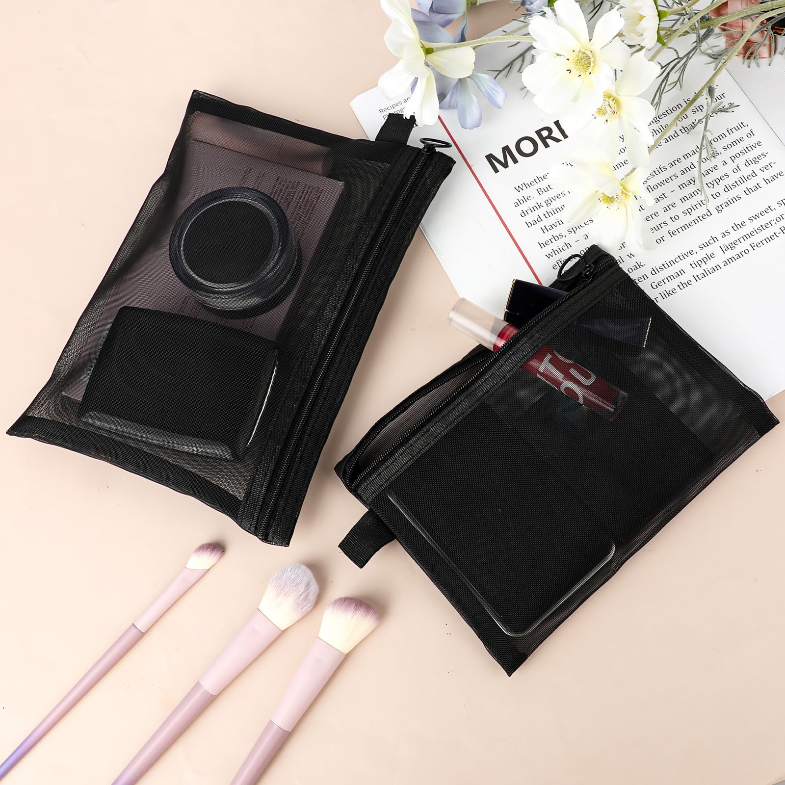 4 Pack Black Mesh Makeup Bags - Travel Cosmetic Organizer for Home & Office