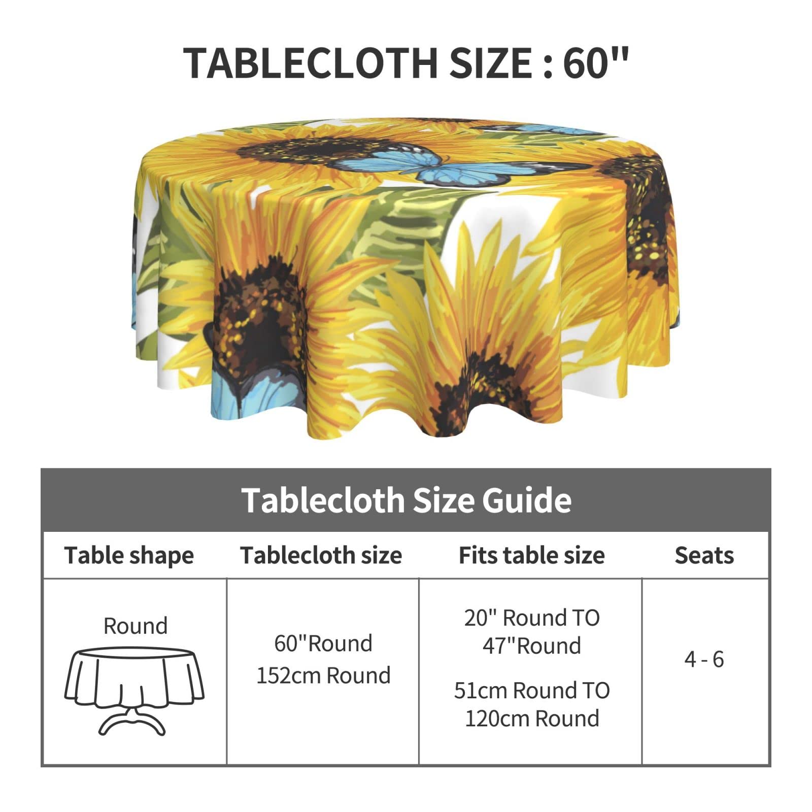 **60 Inch Waterproof Sunflower Tablecloth - Round Butterfly Design Washable Polyester Table Cover for Kitchen, Dining Room, Indoor & Outdoor, Picnic, Patio, Party Decor - Perfect for Spring Celebrations & Garden Gatherings**