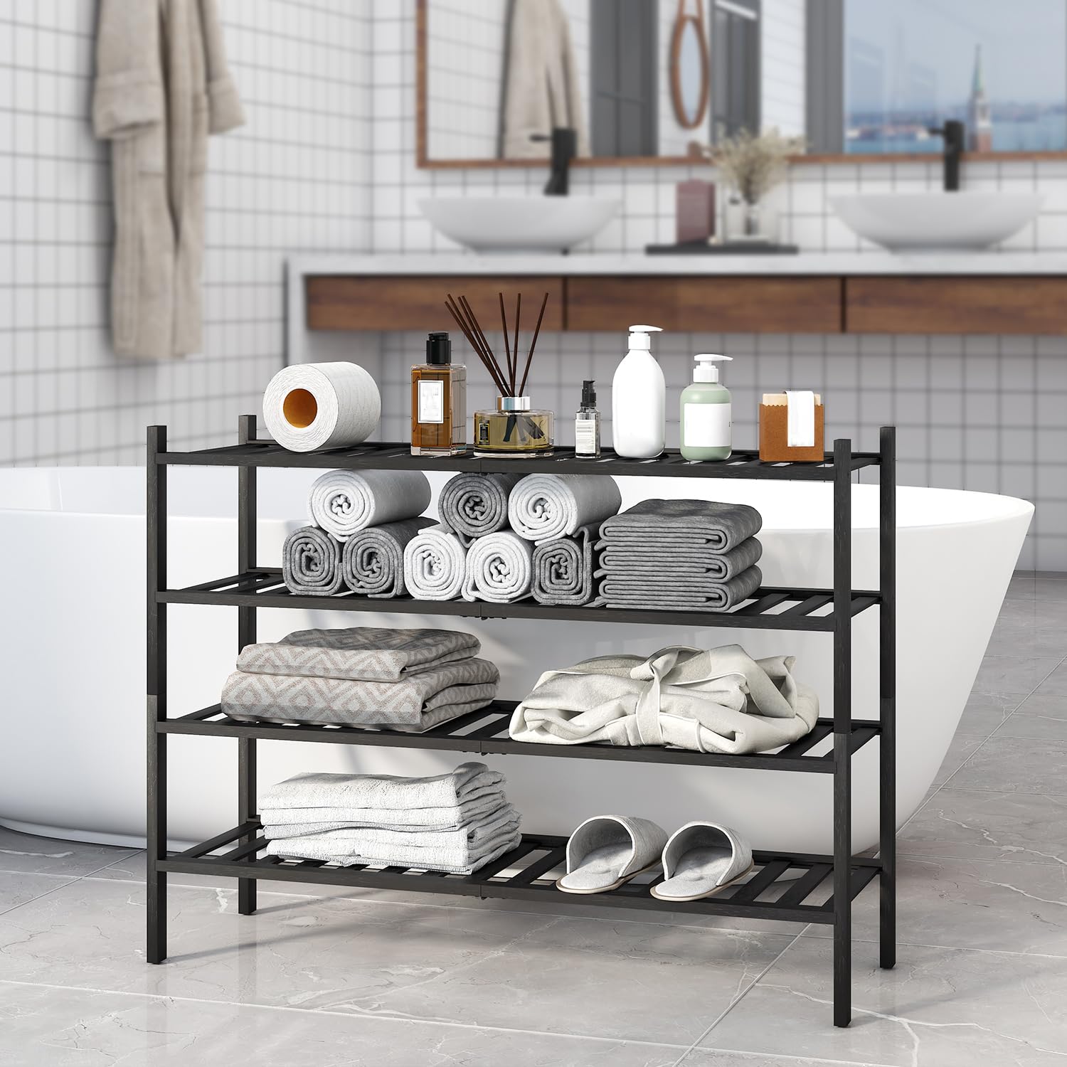 4-Tier Bamboo Shoe Rack Organizer - Stackable Shoe Shelf for Closet, Entryway & Hallway - Space Saving Shoe Storage Solution for Sneakers, Boots & Sandals (Black) - Perfect for Small Apartments & Mudroom Organization