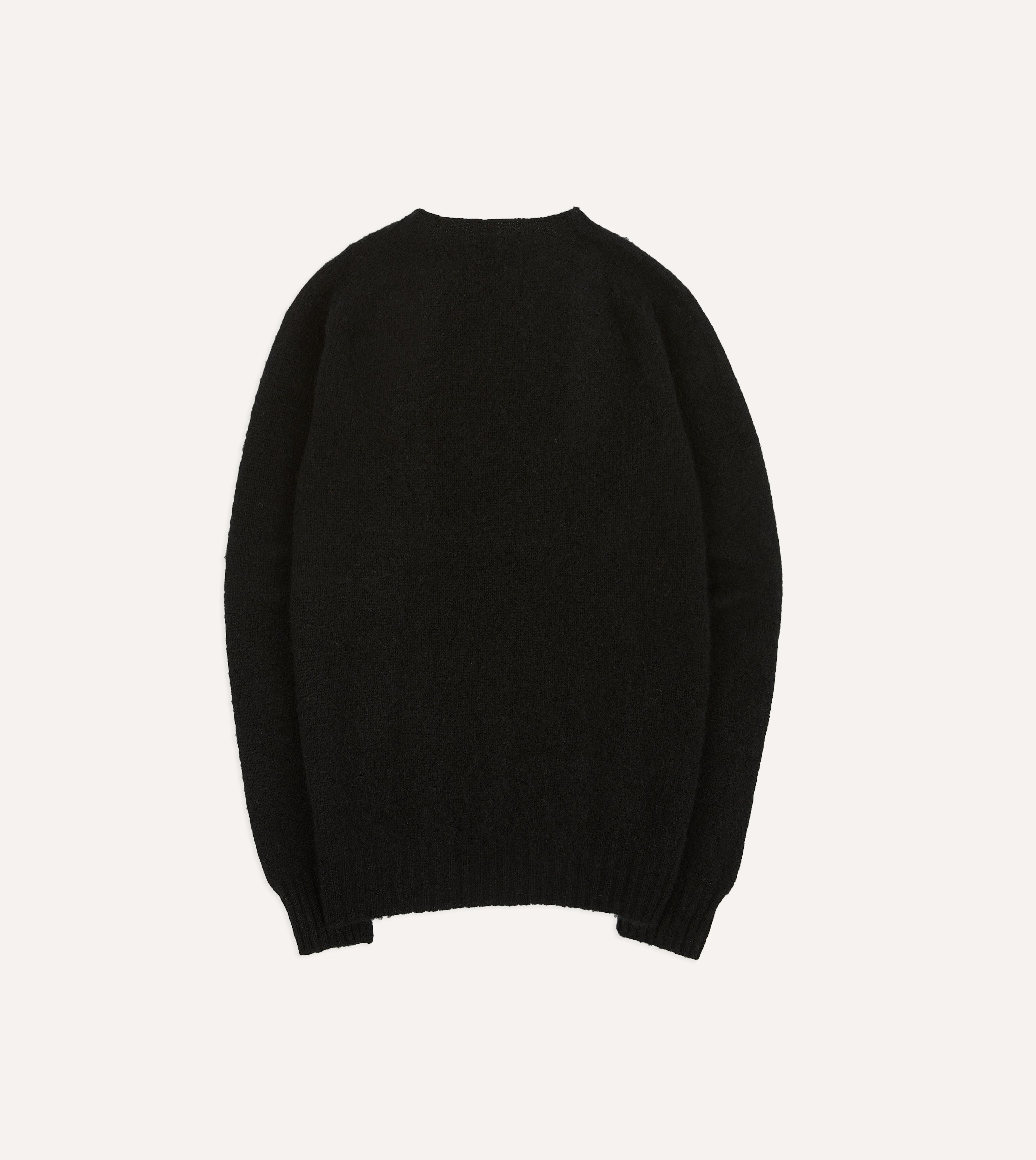 Black Brushed Shetland Wool Crew Neck Sweater for Men - Warm Winter Knit Pullover for Casual Outfits & Office Wear
