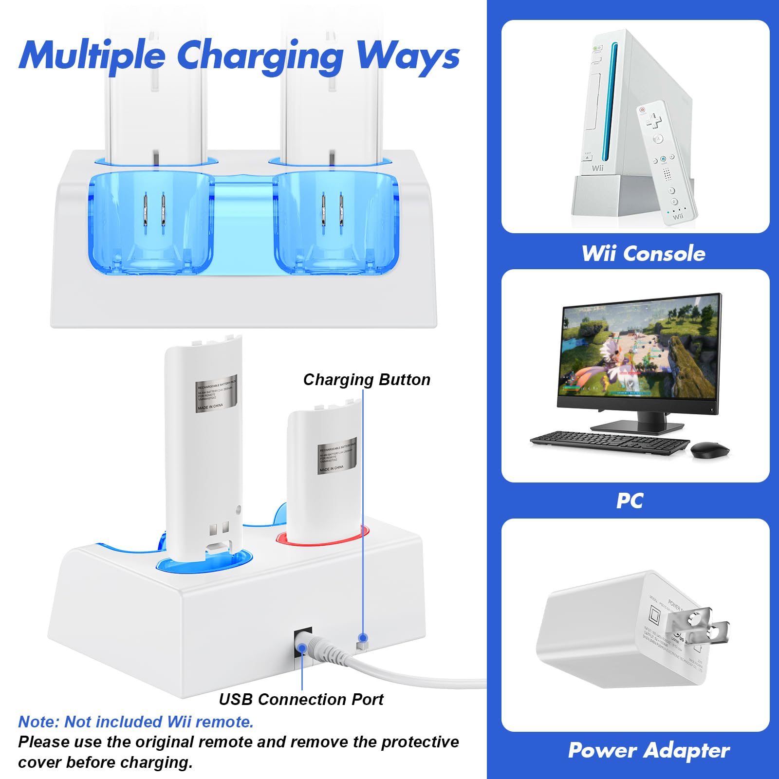 4-Pack 2800mAh Rechargeable Battery Charging Station for Wii & Wii U Controllers - Fast Charging Dock with LED Indicators | Perfect for Gaming Sessions & Multiplayer Parties